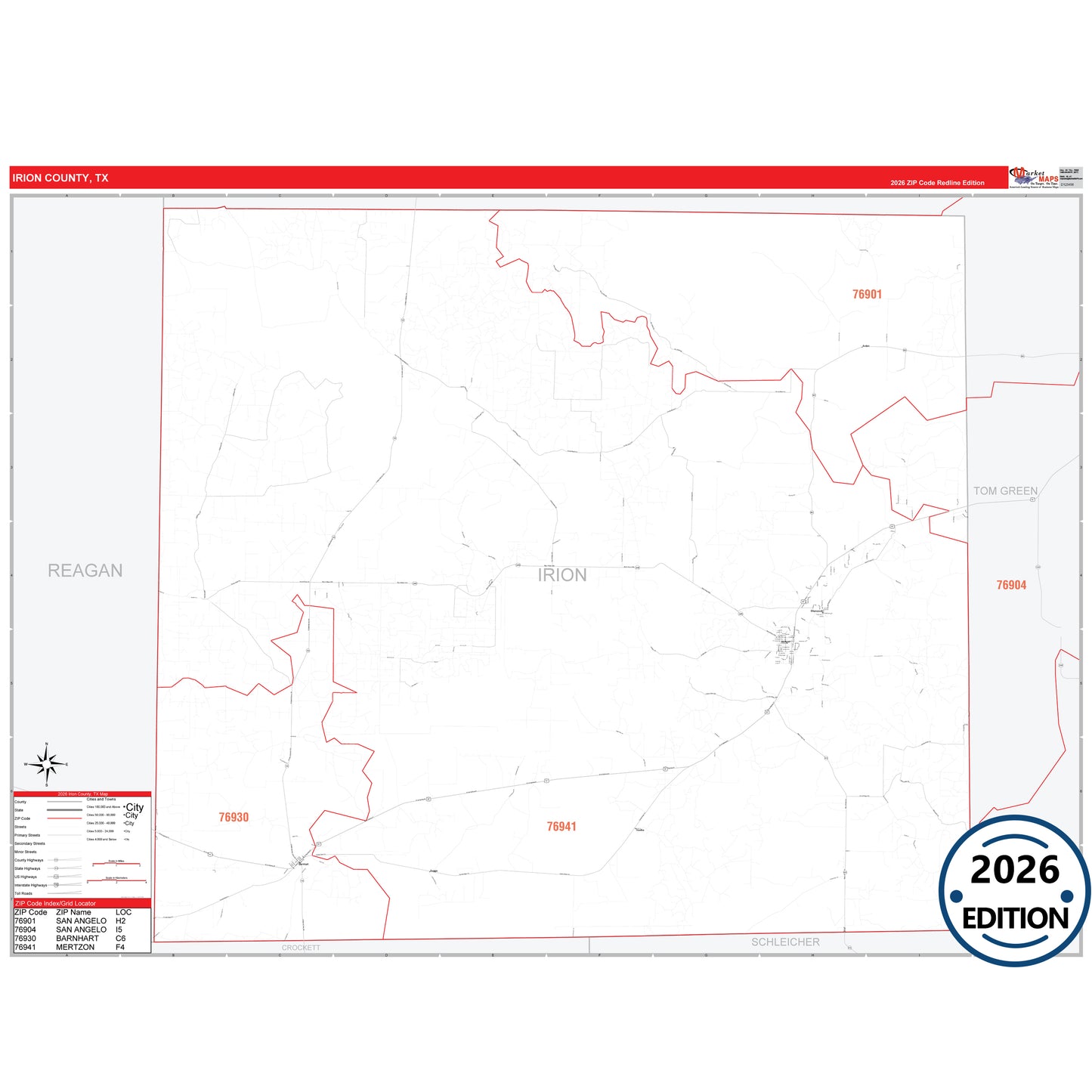 Irion County, TX Red Line 5 Digit ZIP Code Wall Map