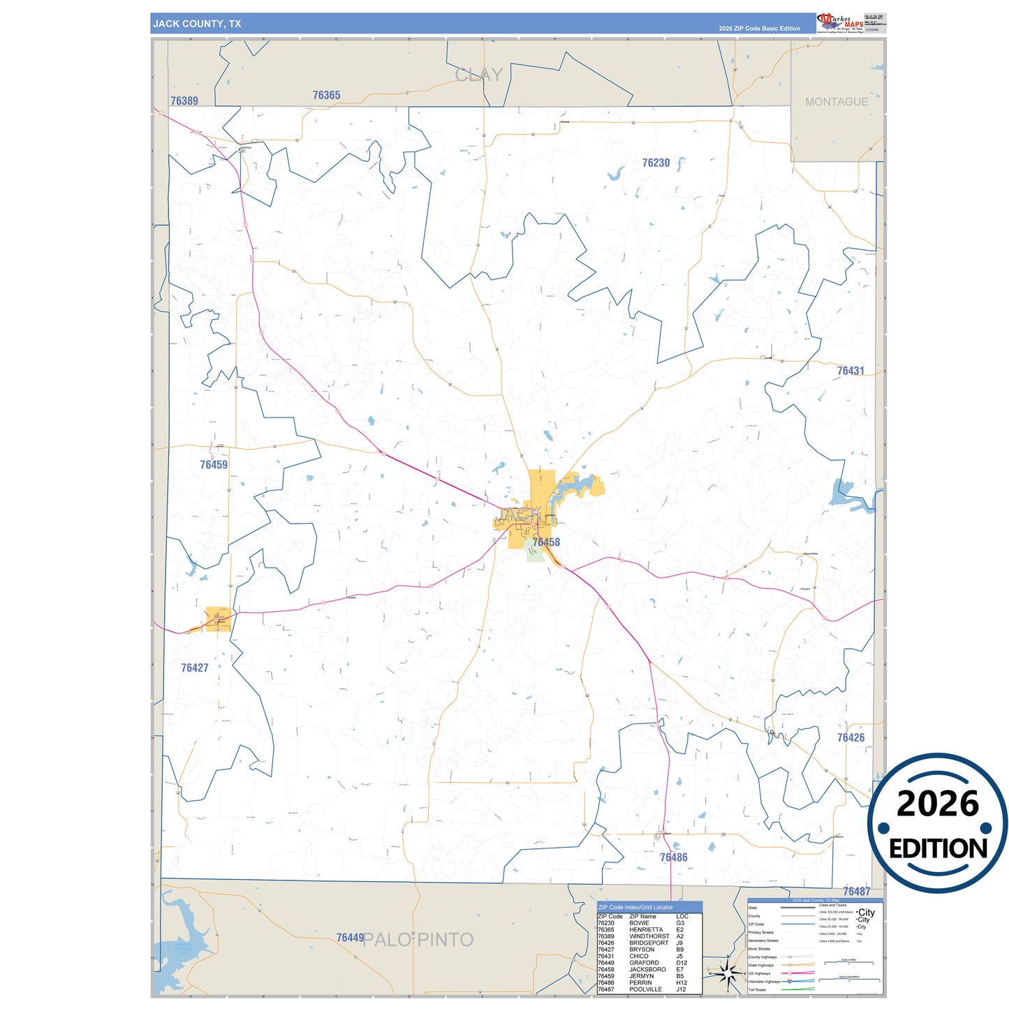 Jack County, TX Business Reference 5 Digit ZIP Code Wall Map