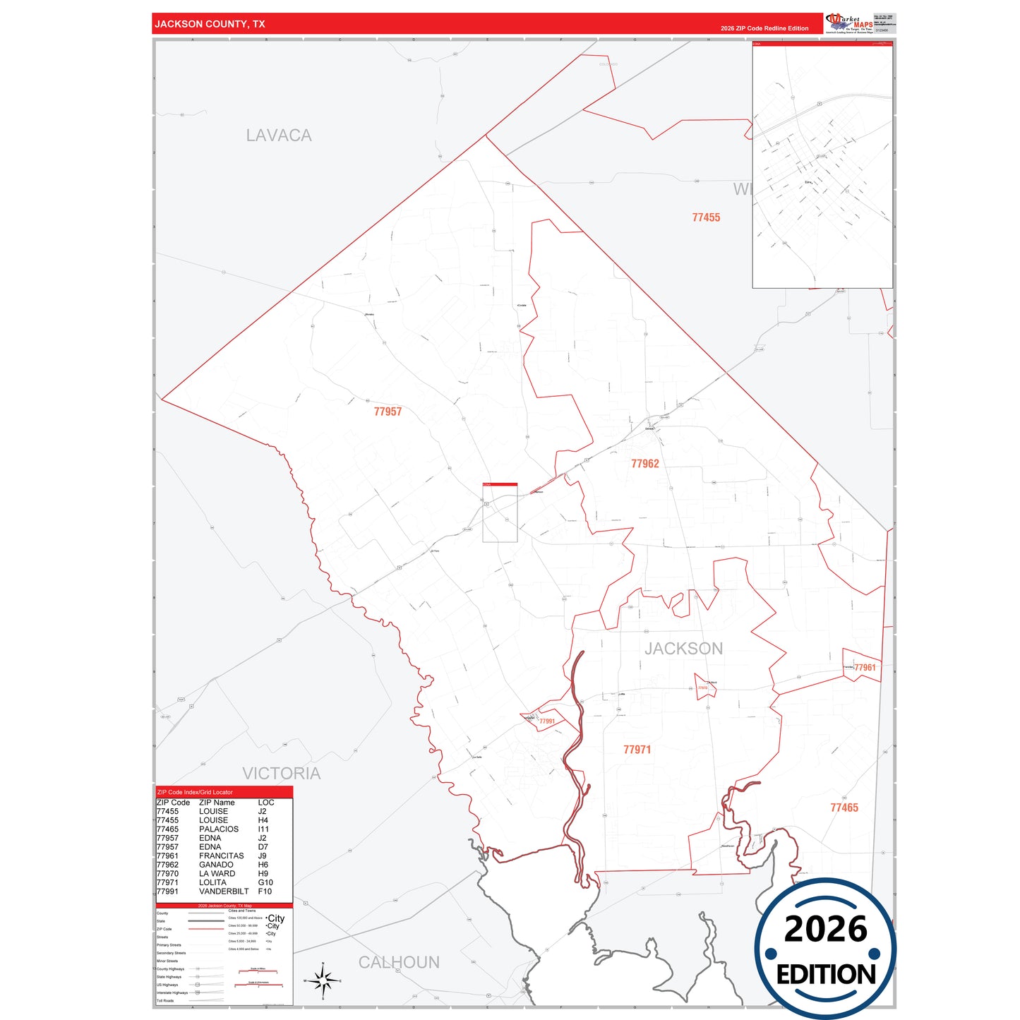 Jackson County, TX Red Line 5 Digit ZIP Code Wall Map