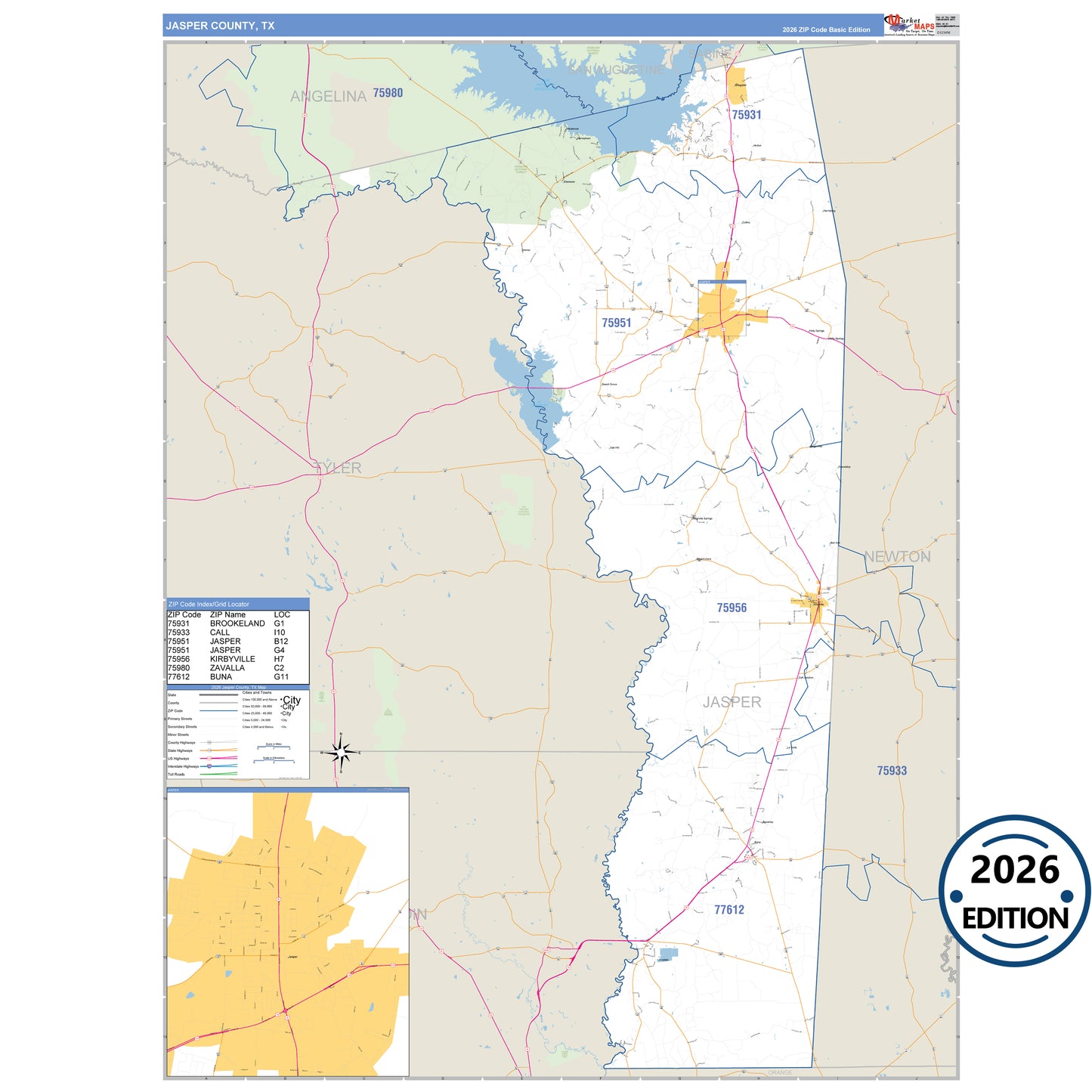 Jasper County, TX Business Reference 5 Digit ZIP Code Wall Map