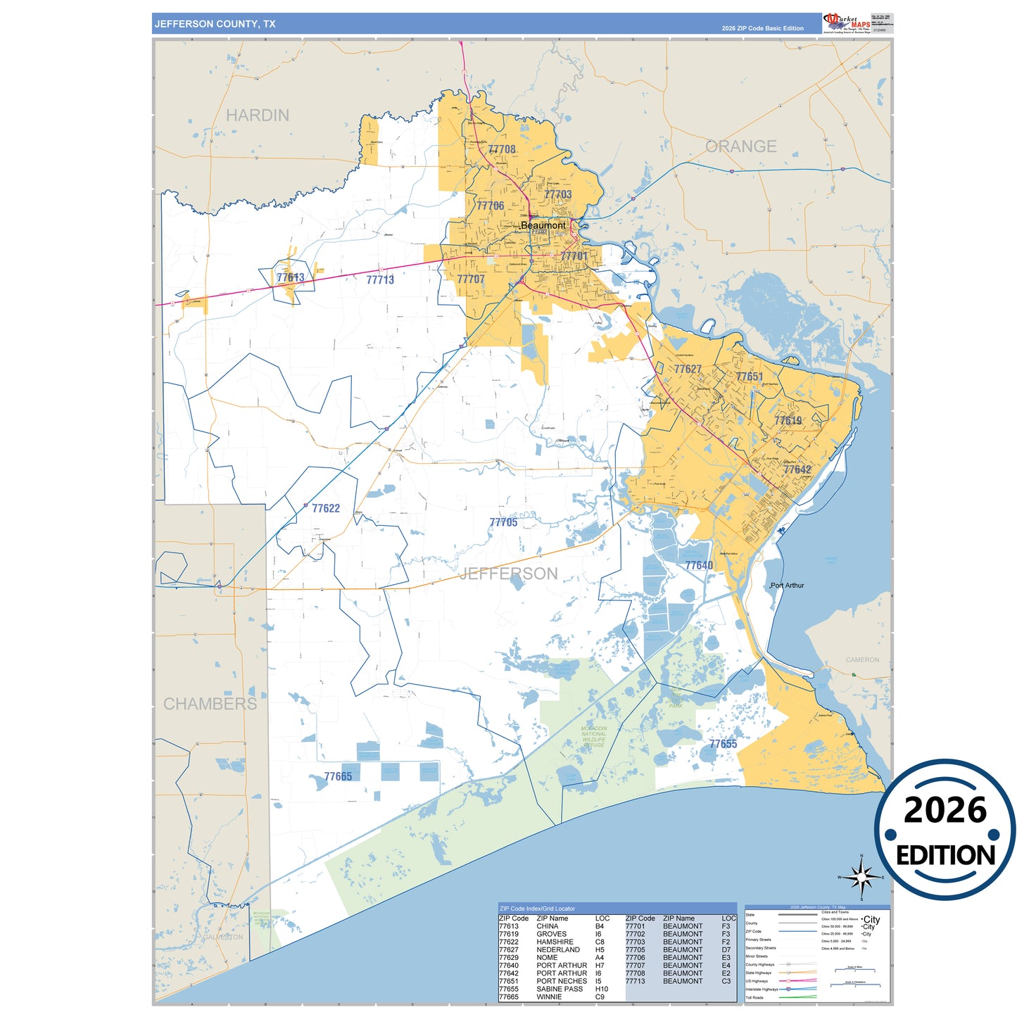 Jefferson County, TX Business Reference 5 Digit ZIP Code Wall Map