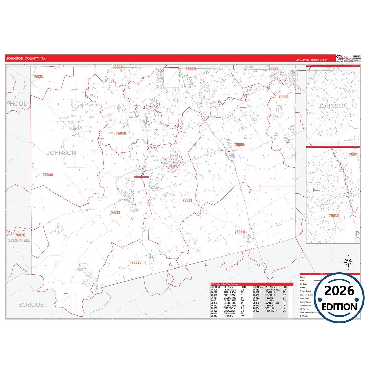 Johnson County, TX Red Line 5 Digit ZIP Code Wall Map
