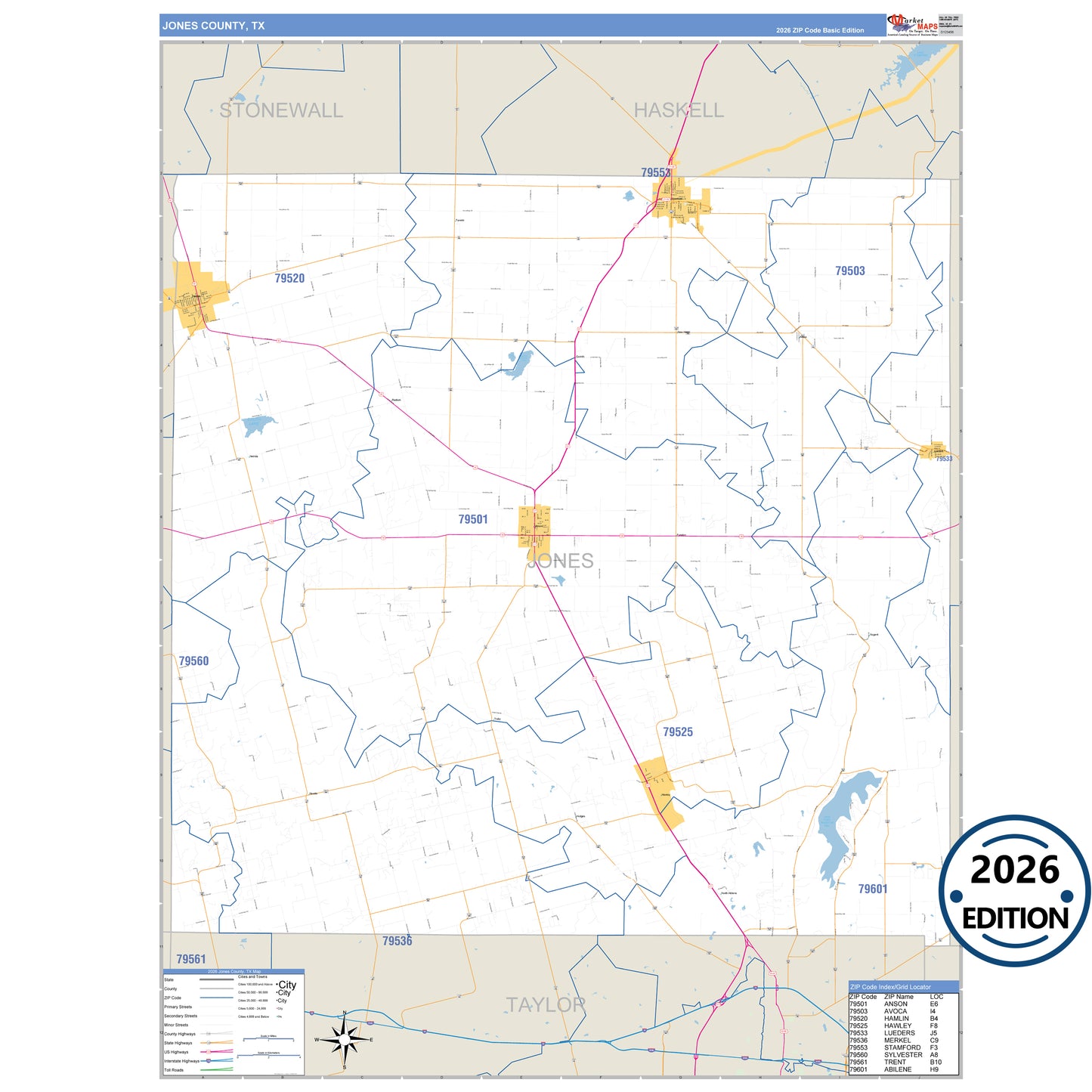 Jones County, TX Business Reference 5 Digit ZIP Code Wall Map