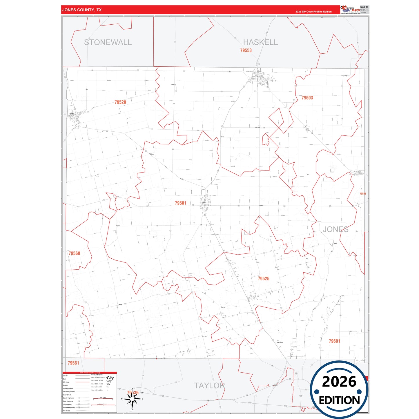 Jones County, TX Red Line 5 Digit ZIP Code Wall Map
