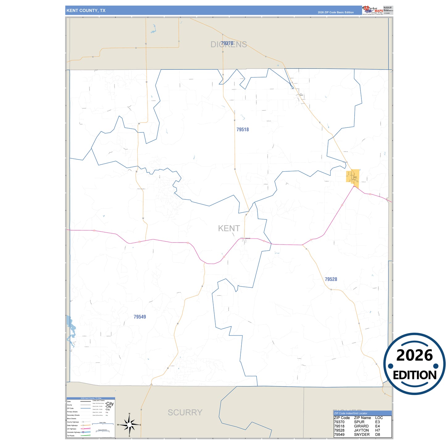 Kent County, TX Business Reference 5 Digit ZIP Code Wall Map