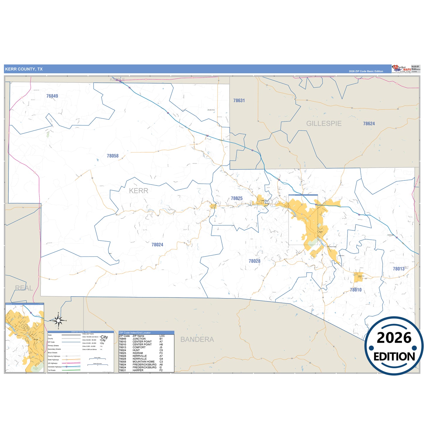 Kerr County, TX Business Reference 5 Digit ZIP Code Wall Map