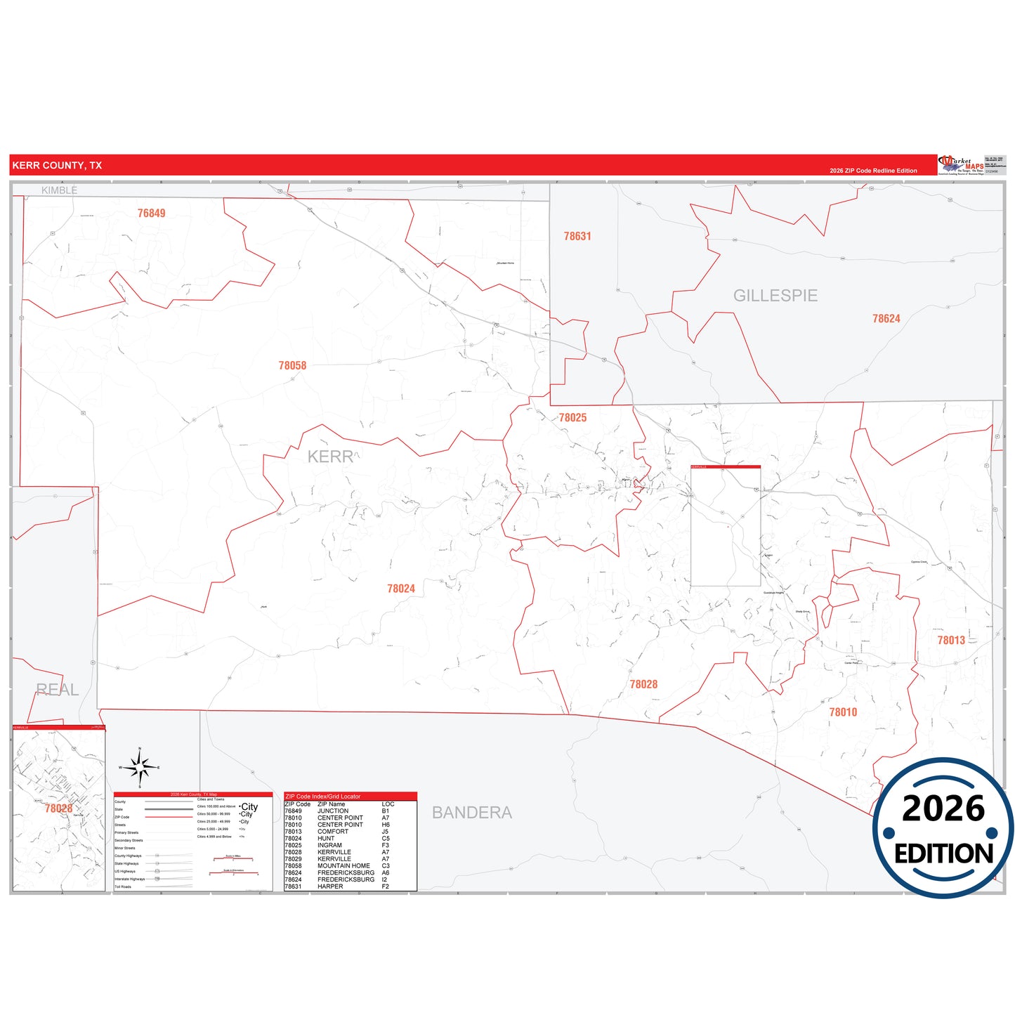 Kerr County, TX Red Line 5 Digit ZIP Code Wall Map