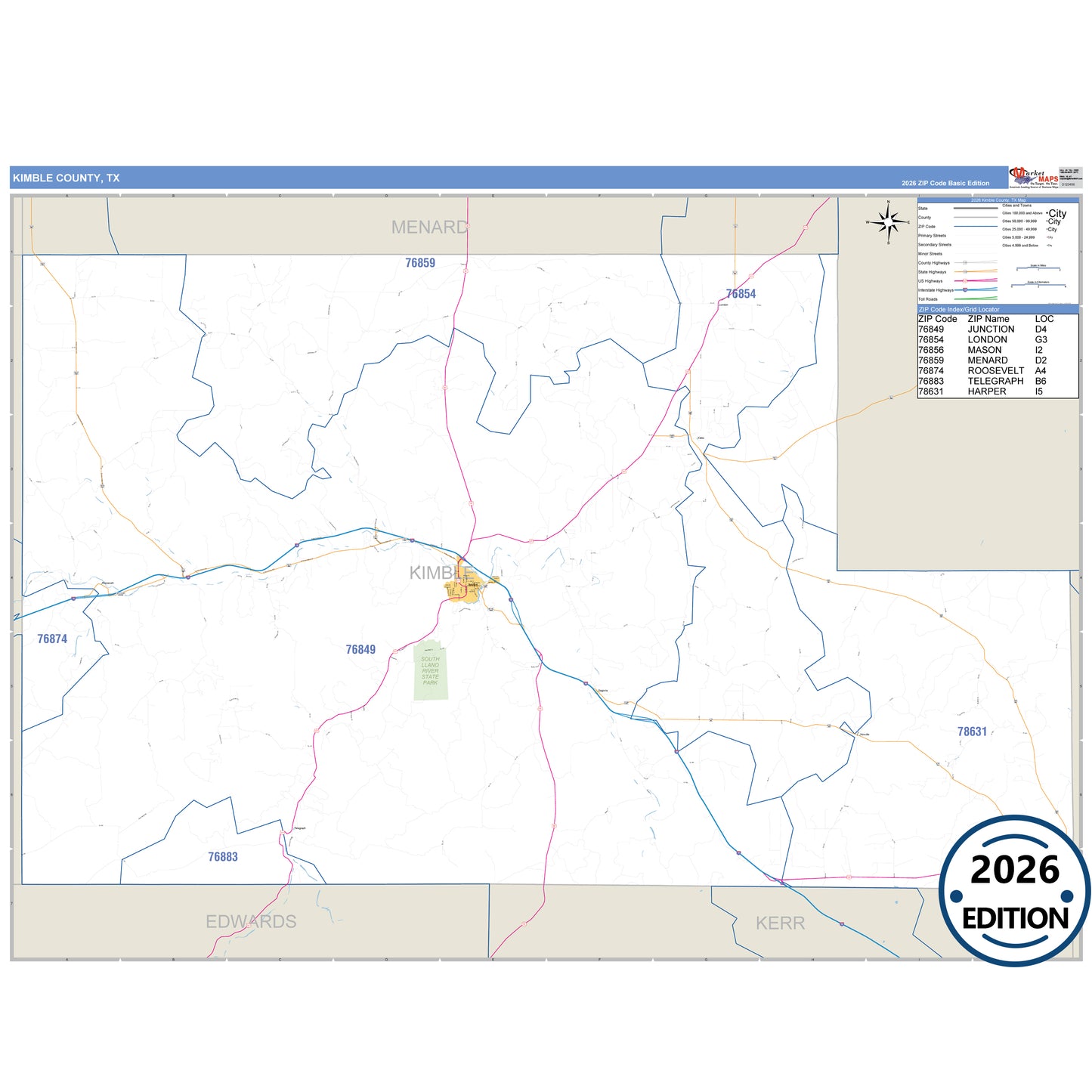 Kimble County, TX Business Reference 5 Digit ZIP Code Wall Map