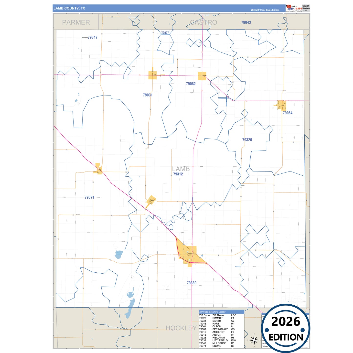 Lamar County, TX Business Reference 5 Digit ZIP Code Wall Map
