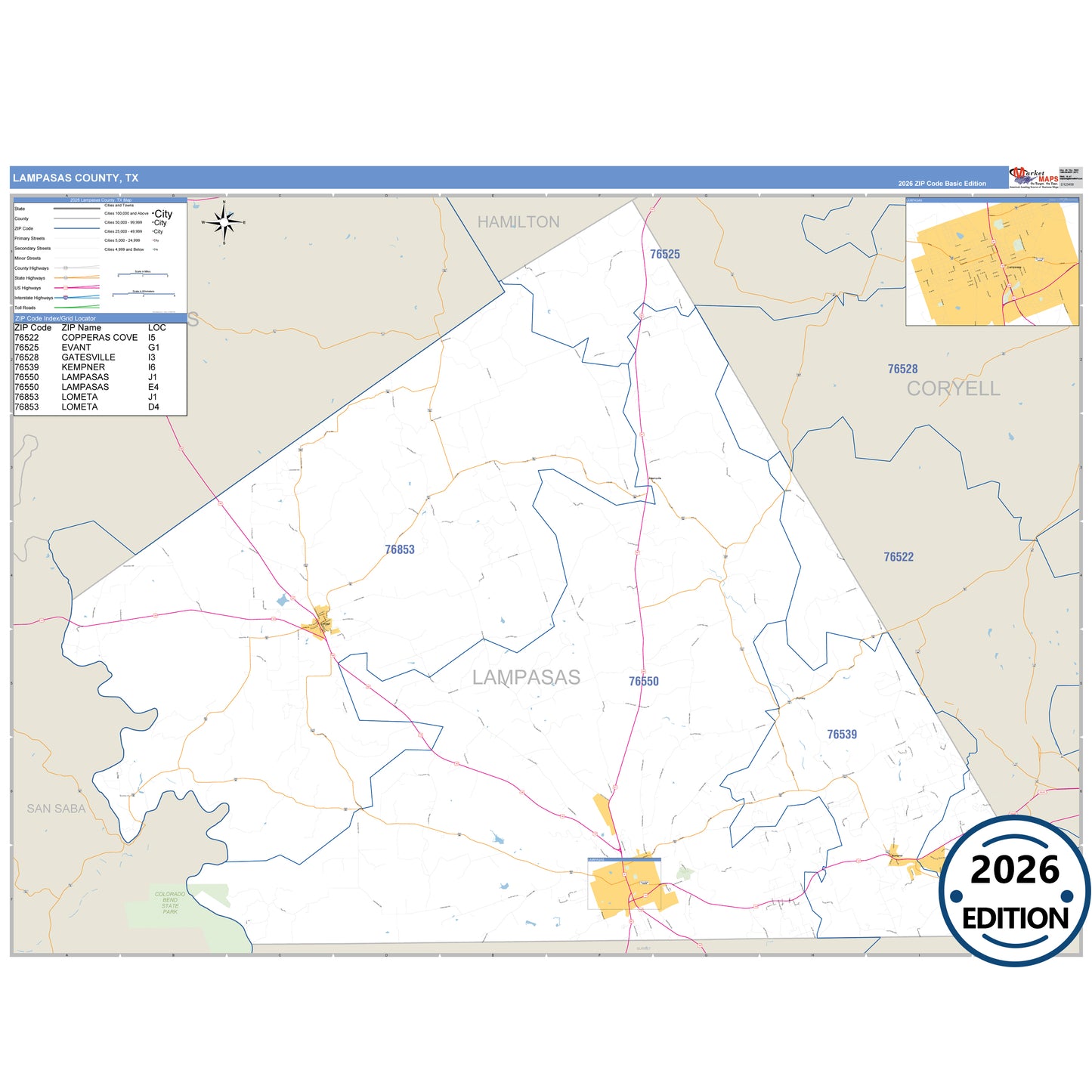 Lamb County, TX Business Reference 5 Digit ZIP Code Wall Map