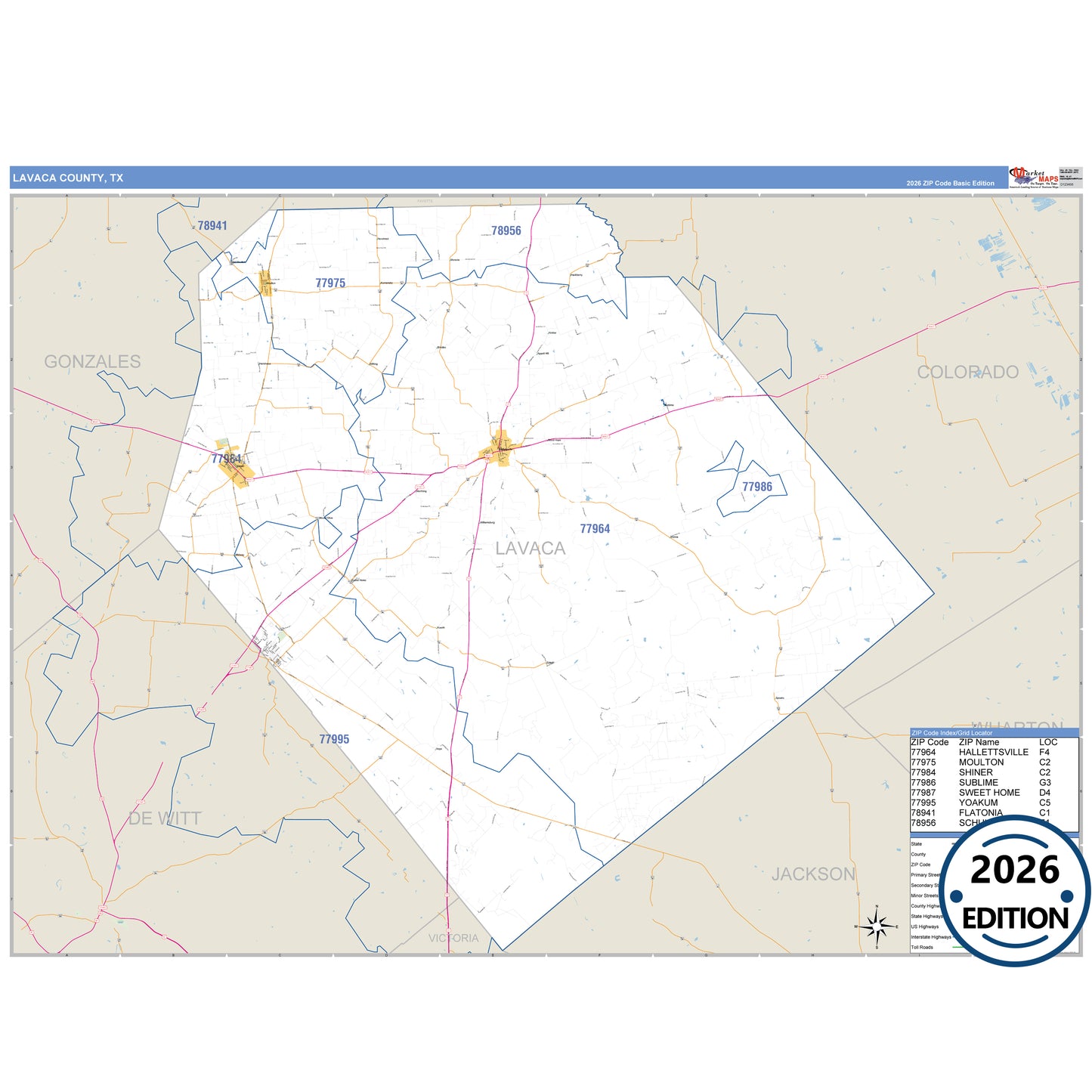 Lavaca County, TX Business Reference 5 Digit ZIP Code Wall Map