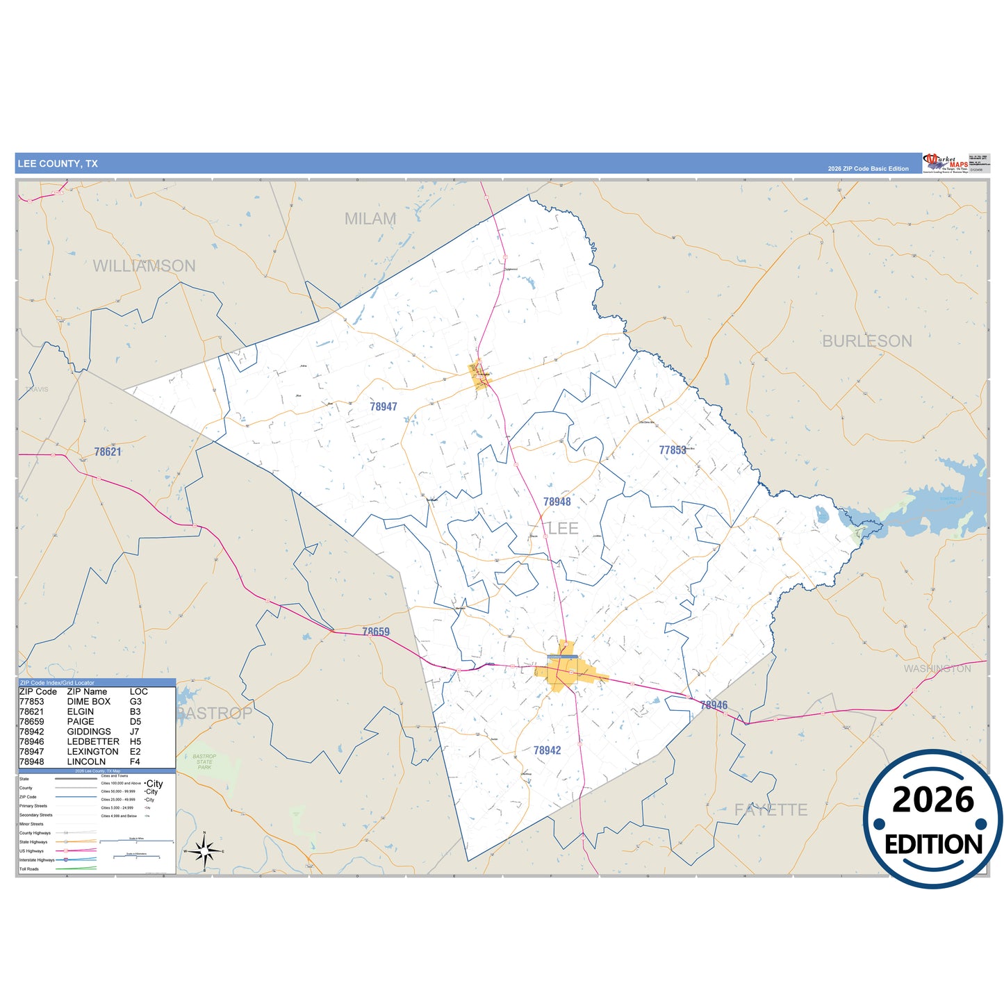 Lee County, TX Business Reference 5 Digit ZIP Code Wall Map