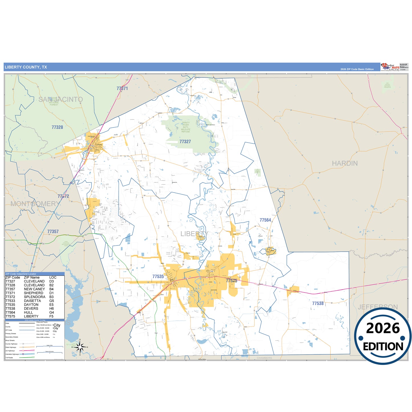 Liberty County, TX Business Reference 5 Digit ZIP Code Wall Map