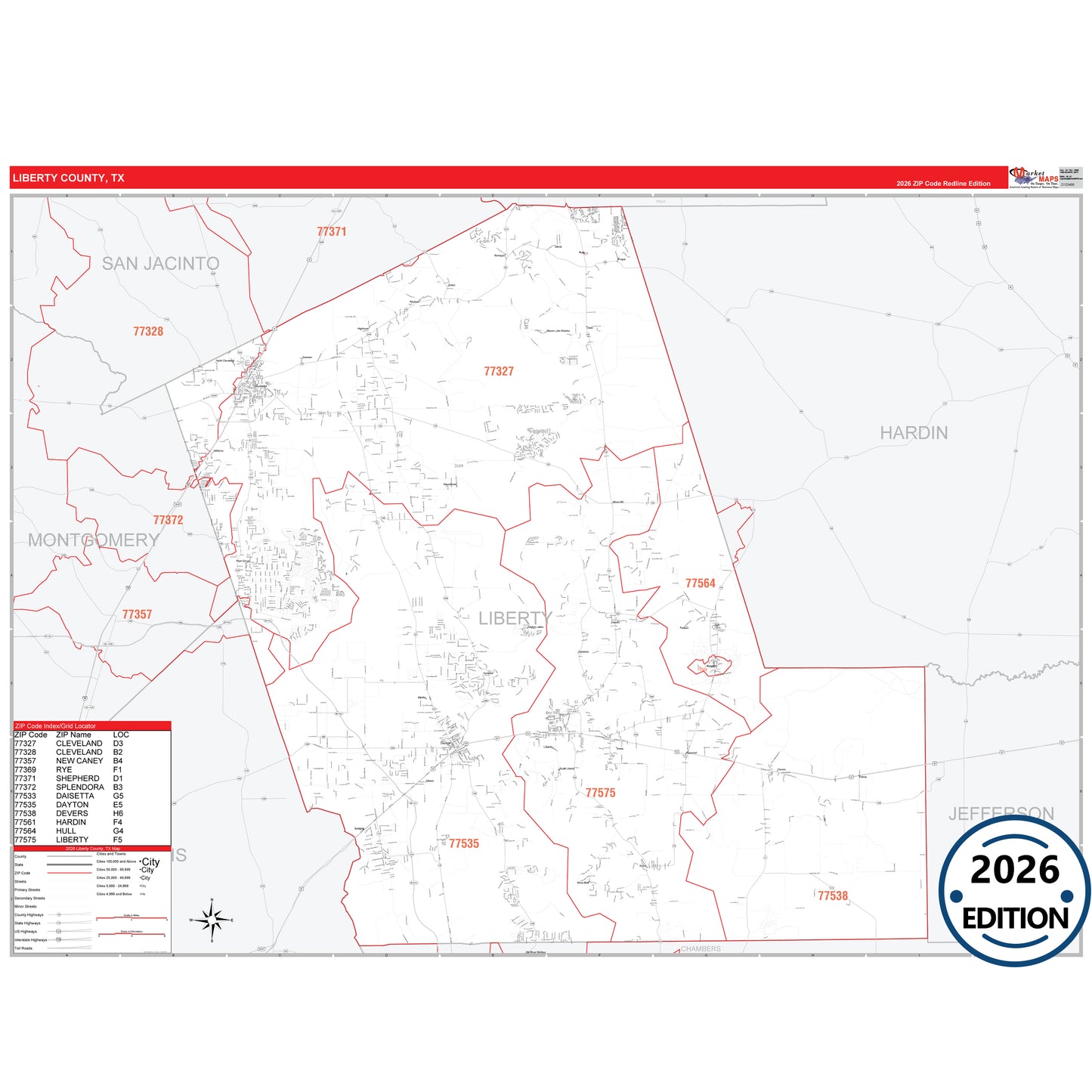 Liberty County, TX Red Line 5 Digit ZIP Code Wall Map