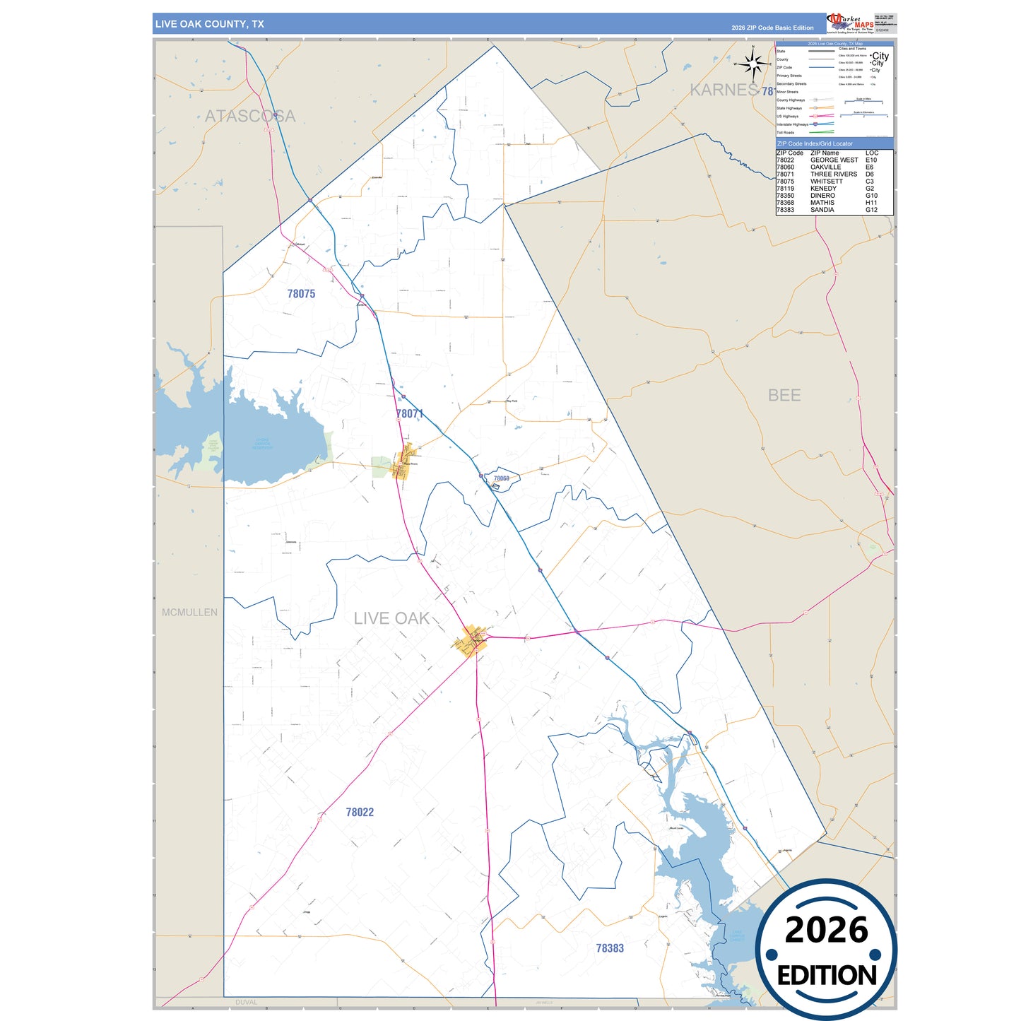 Live Oak County, TX Business Reference 5 Digit ZIP Code Wall Map