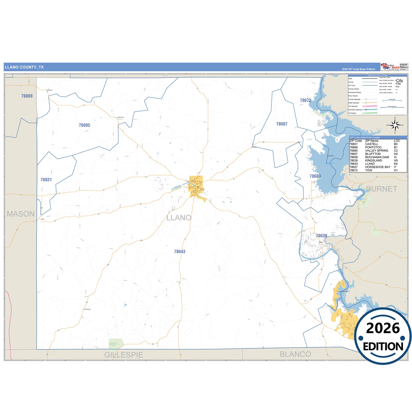 Llano County, TX Business Reference 5 Digit ZIP Code Wall Map