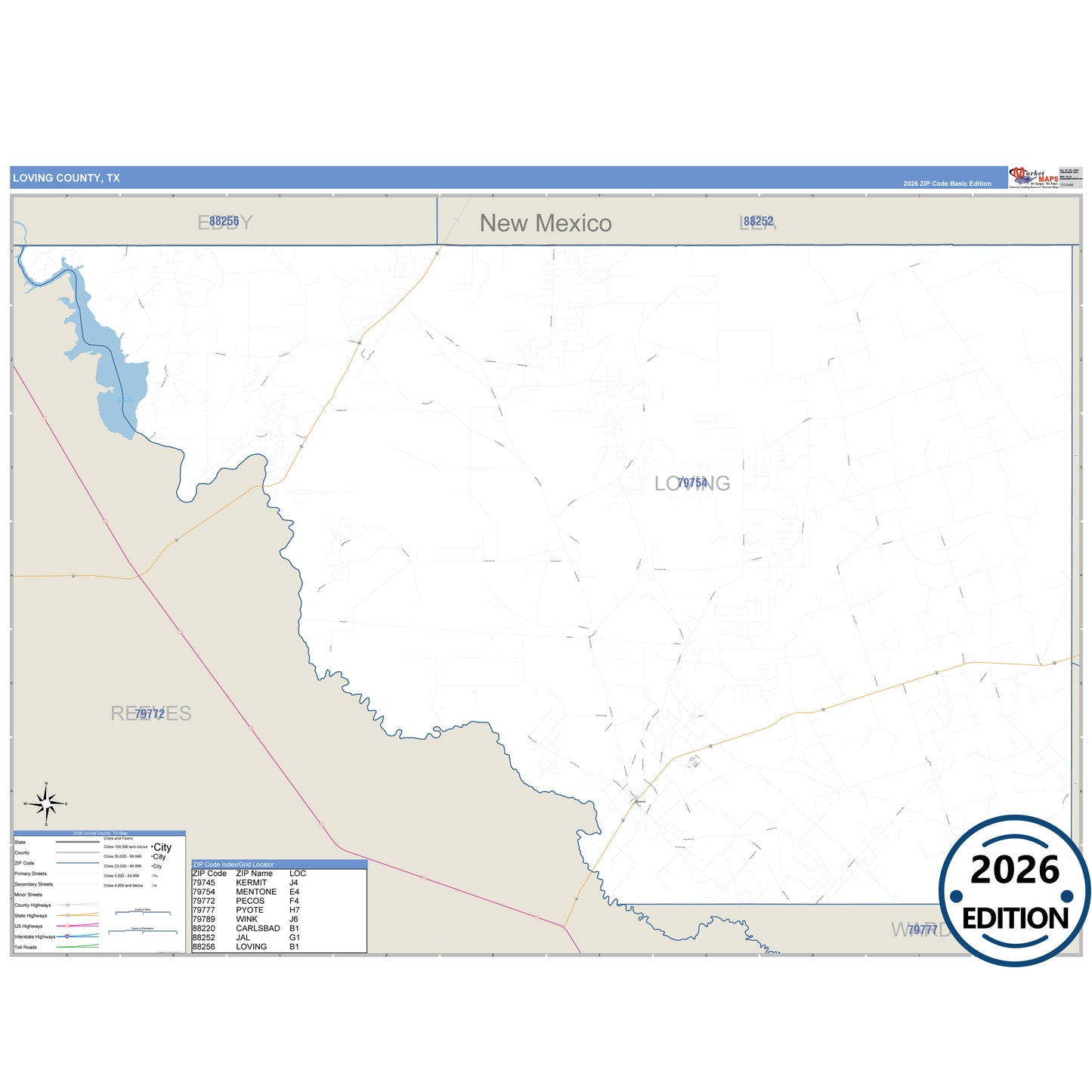Loving County, TX Business Reference 5 Digit ZIP Code Wall Map
