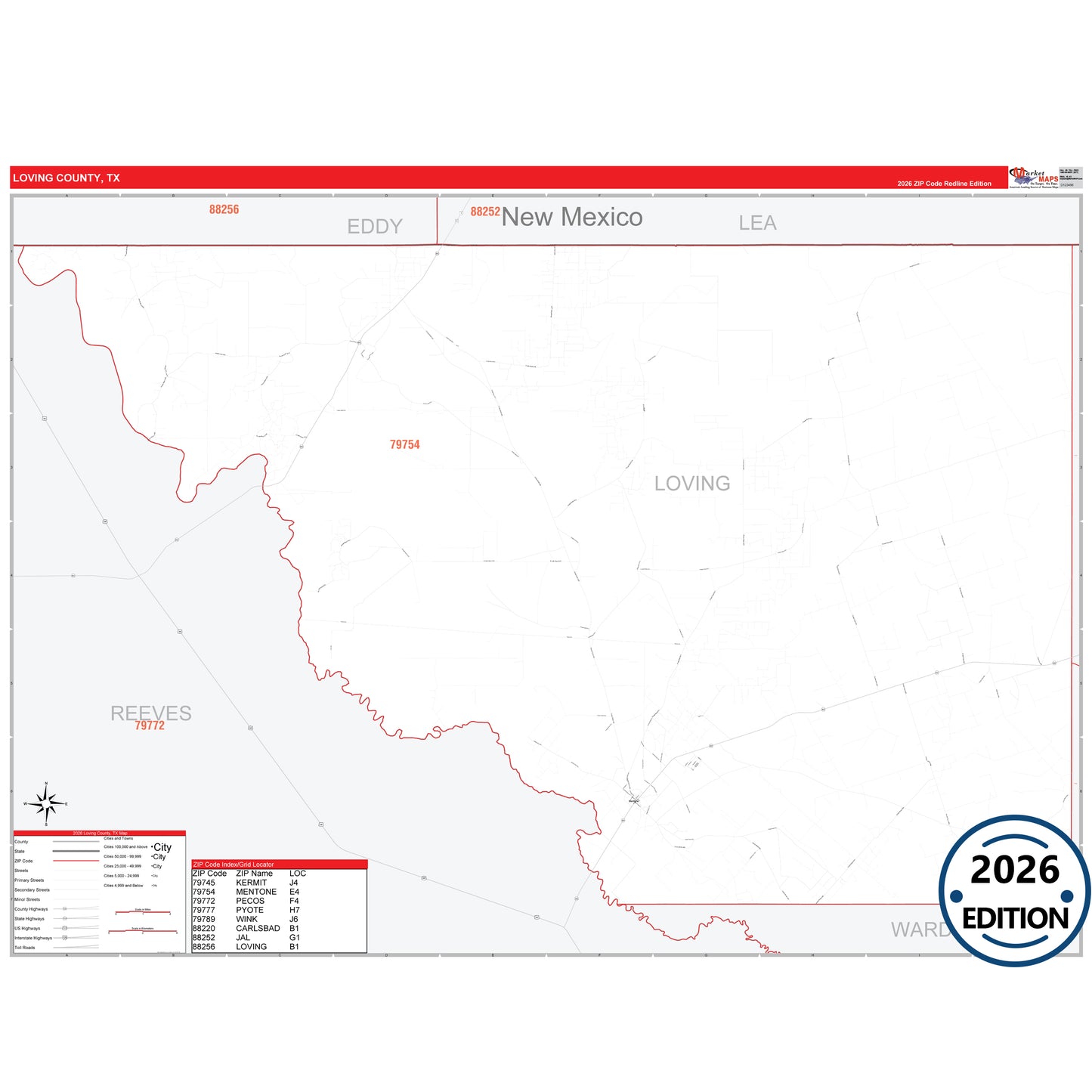 Loving County, TX Red Line 5 Digit ZIP Code Wall Map