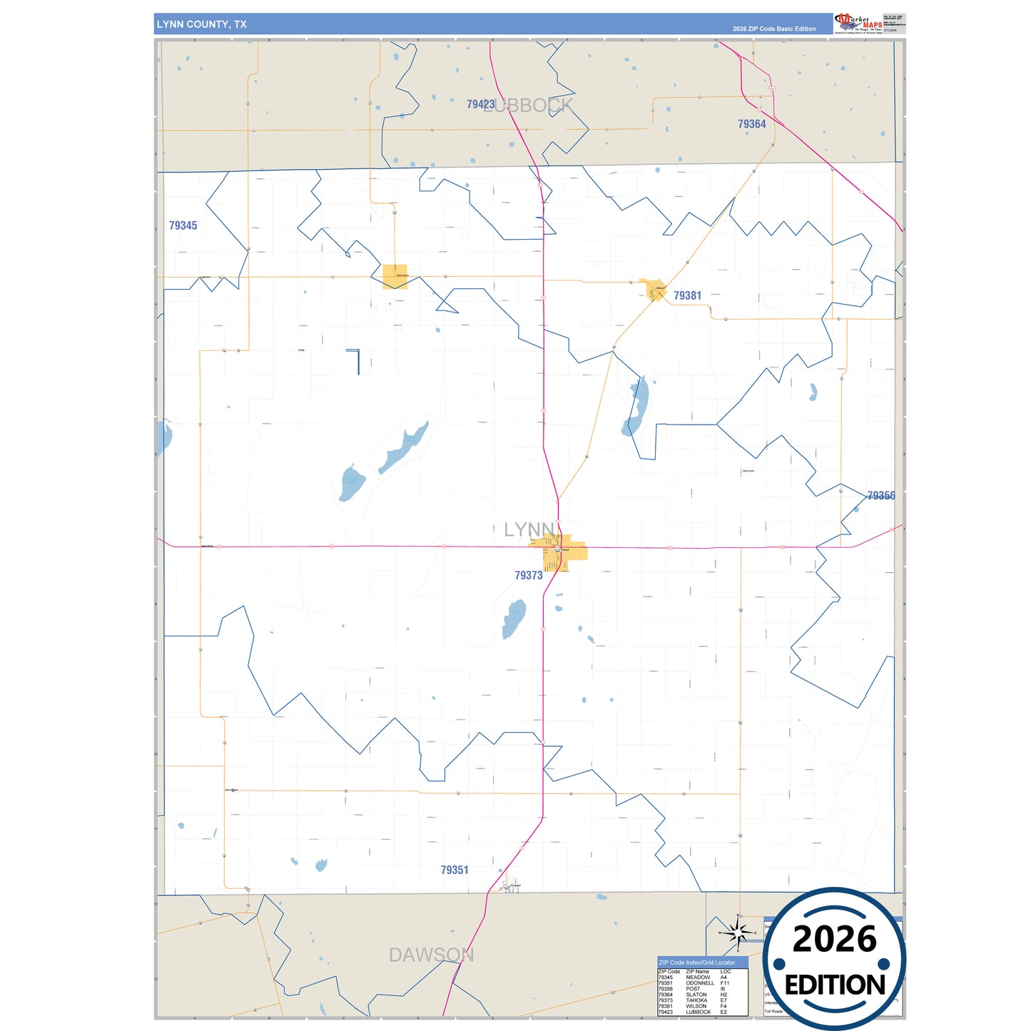 Lynn County, TX Business Reference 5 Digit ZIP Code Wall Map