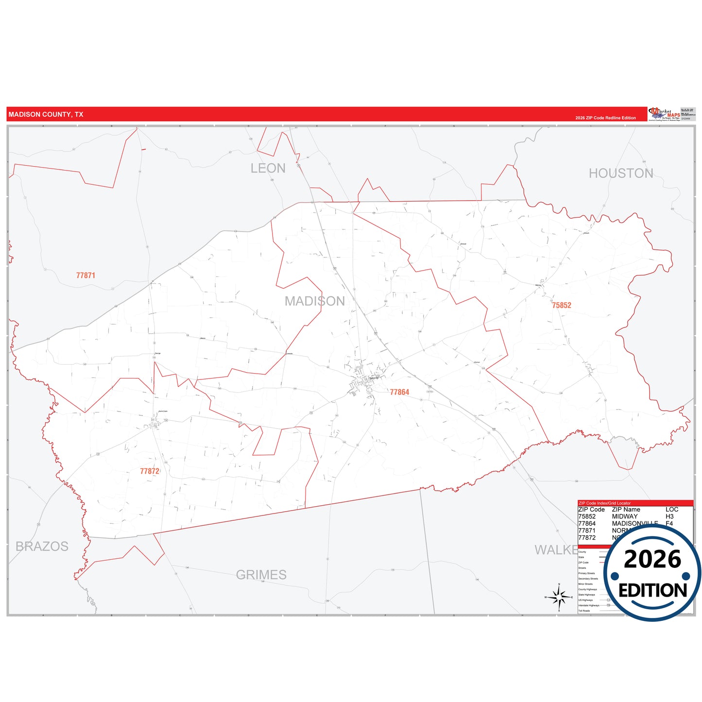 Madison County, TX Red Line 5 Digit ZIP Code Wall Map