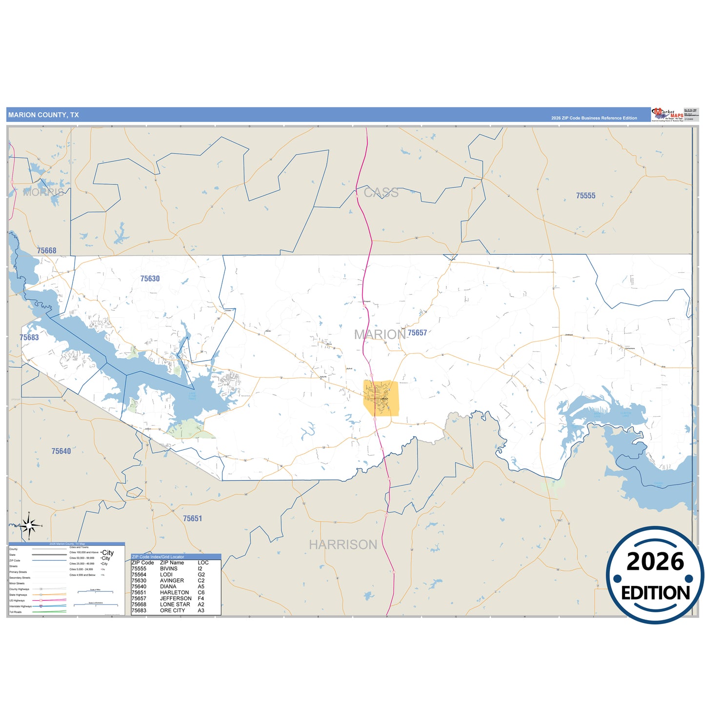 Marion County, TX Business Reference 5 Digit ZIP Code Wall Map