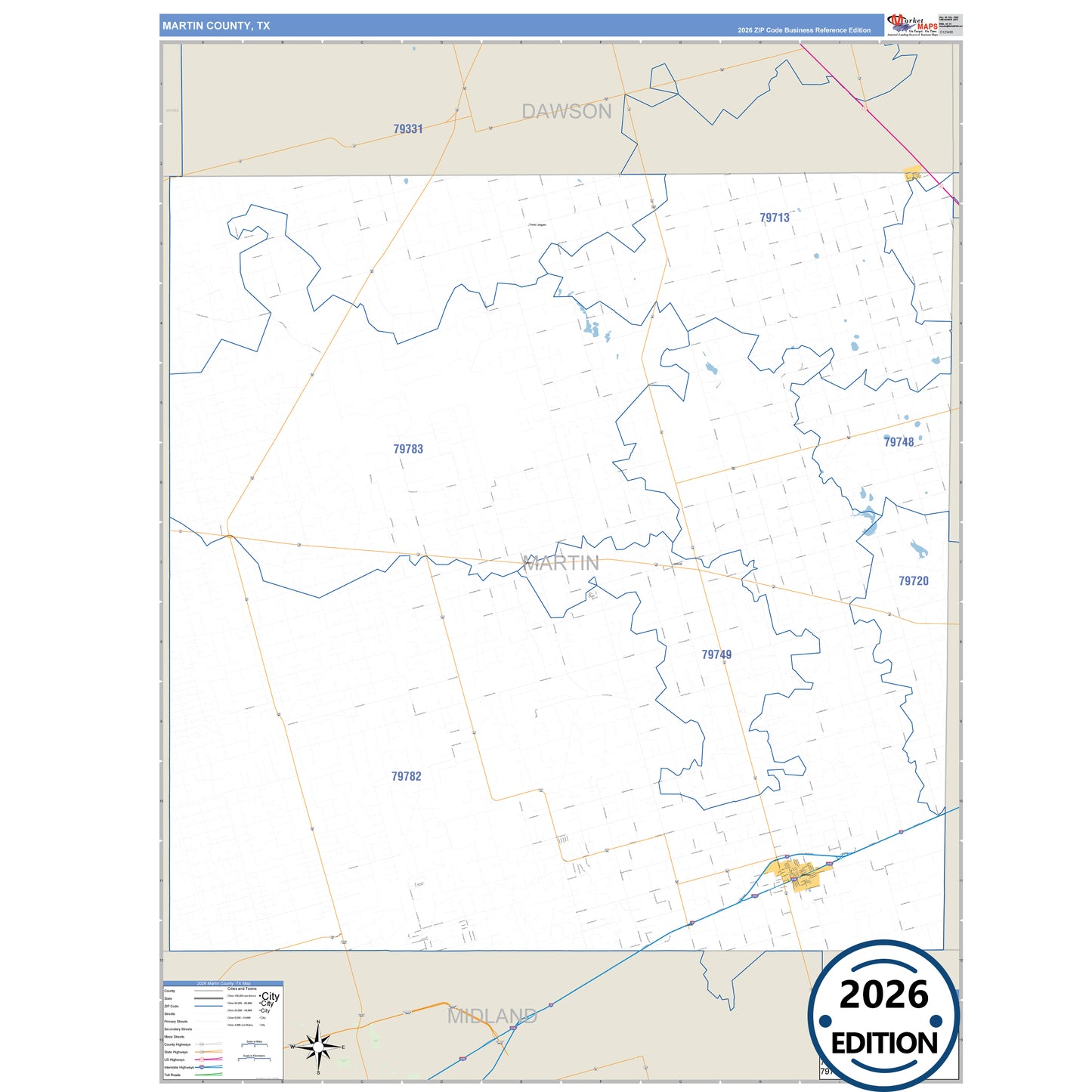 Martin County, TX Business Reference 5 Digit ZIP Code Wall Map