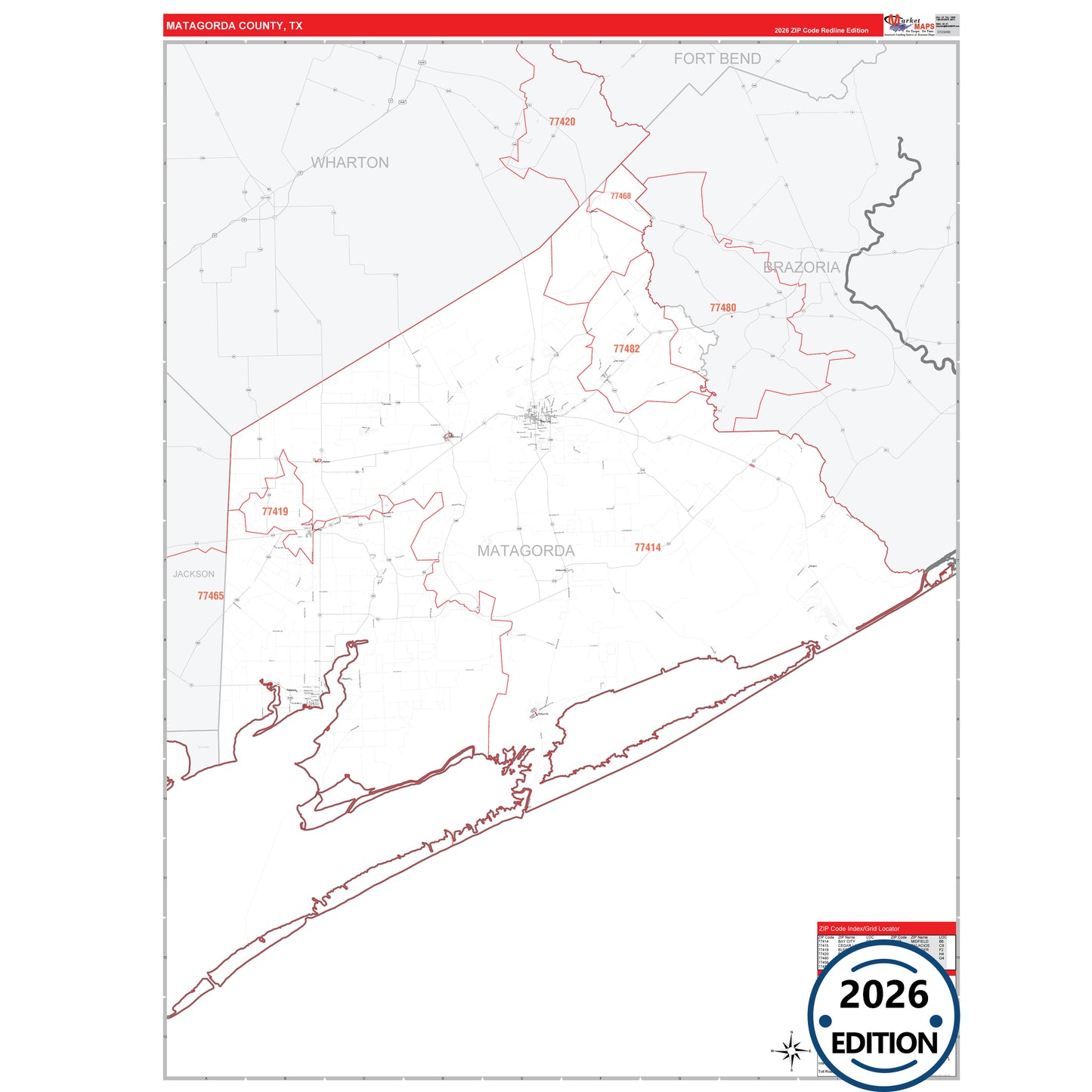 Matagorda County, TX Red Line 5 Digit ZIP Code Wall Map