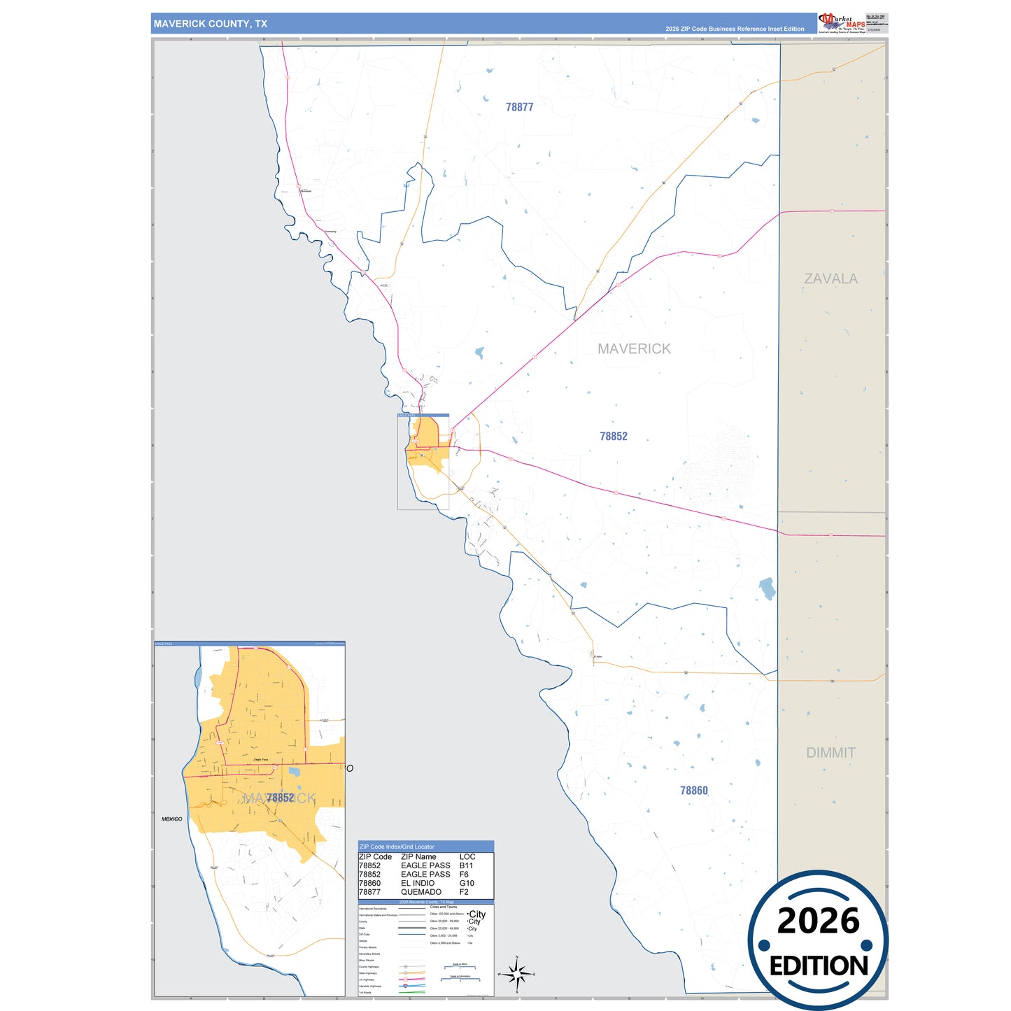 Maverick County, TX Business Reference 5 Digit ZIP Code Wall Map