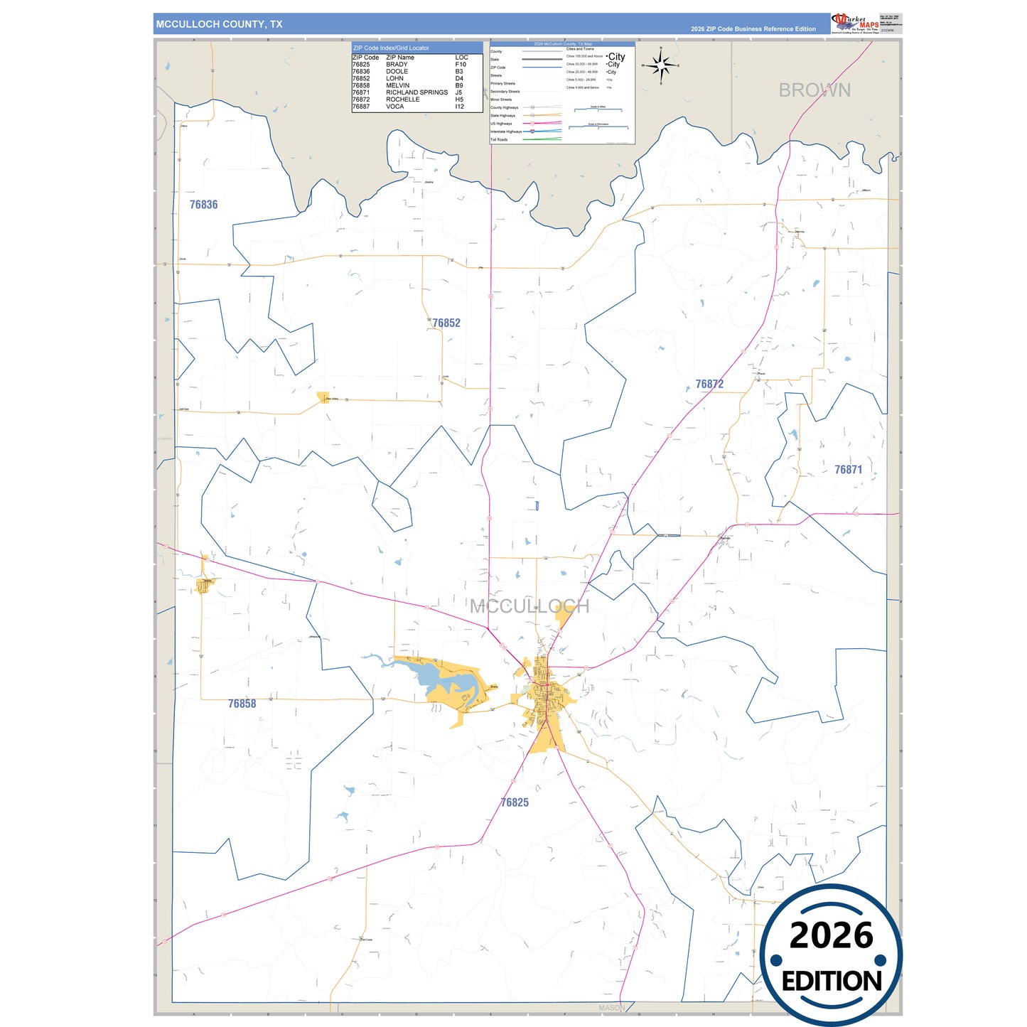 McCulloch County, TX Business Reference 5 Digit ZIP Code Wall Map