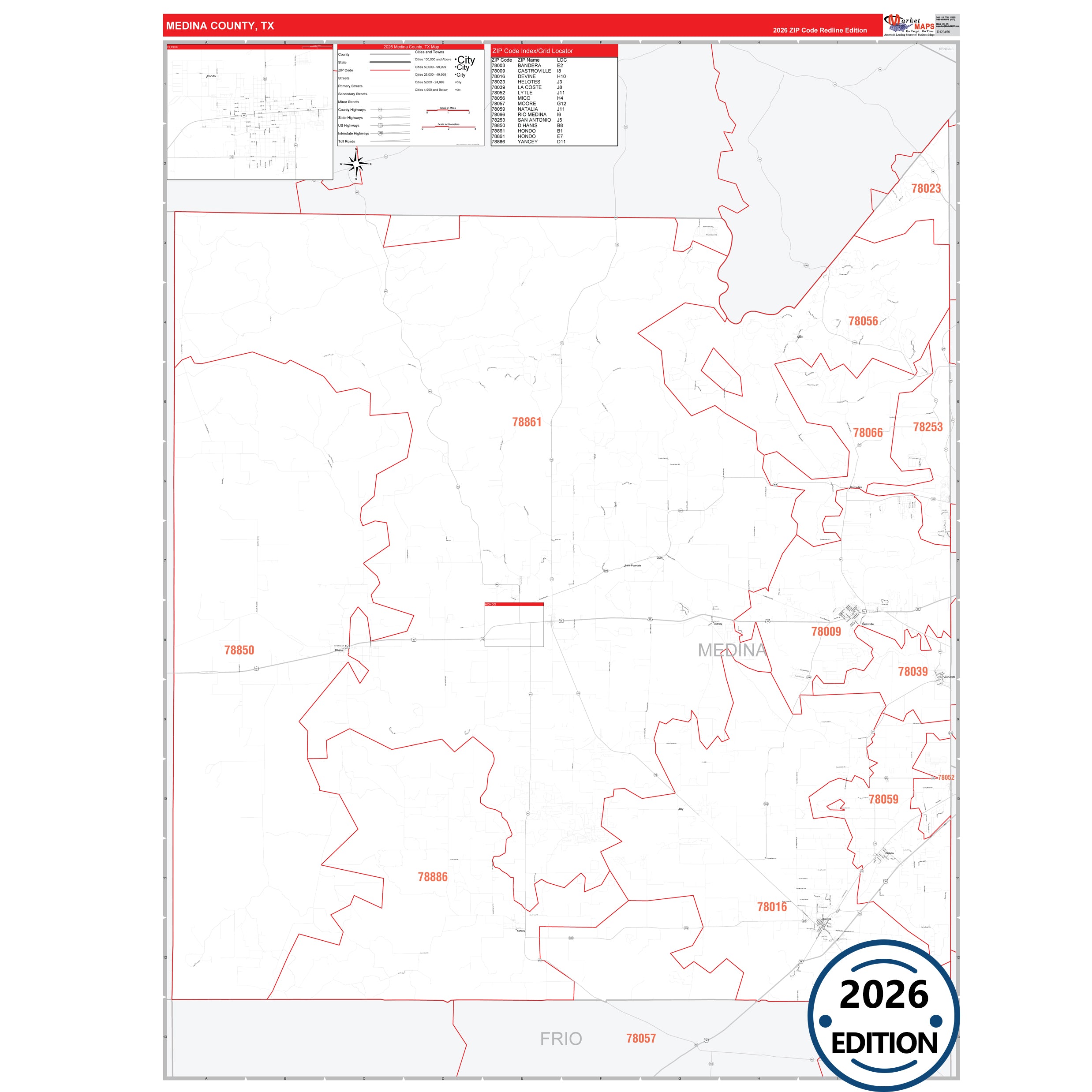 Medina County, TX Red Line 5 Digit ZIP Code Wall Map – ZipCodeMaps