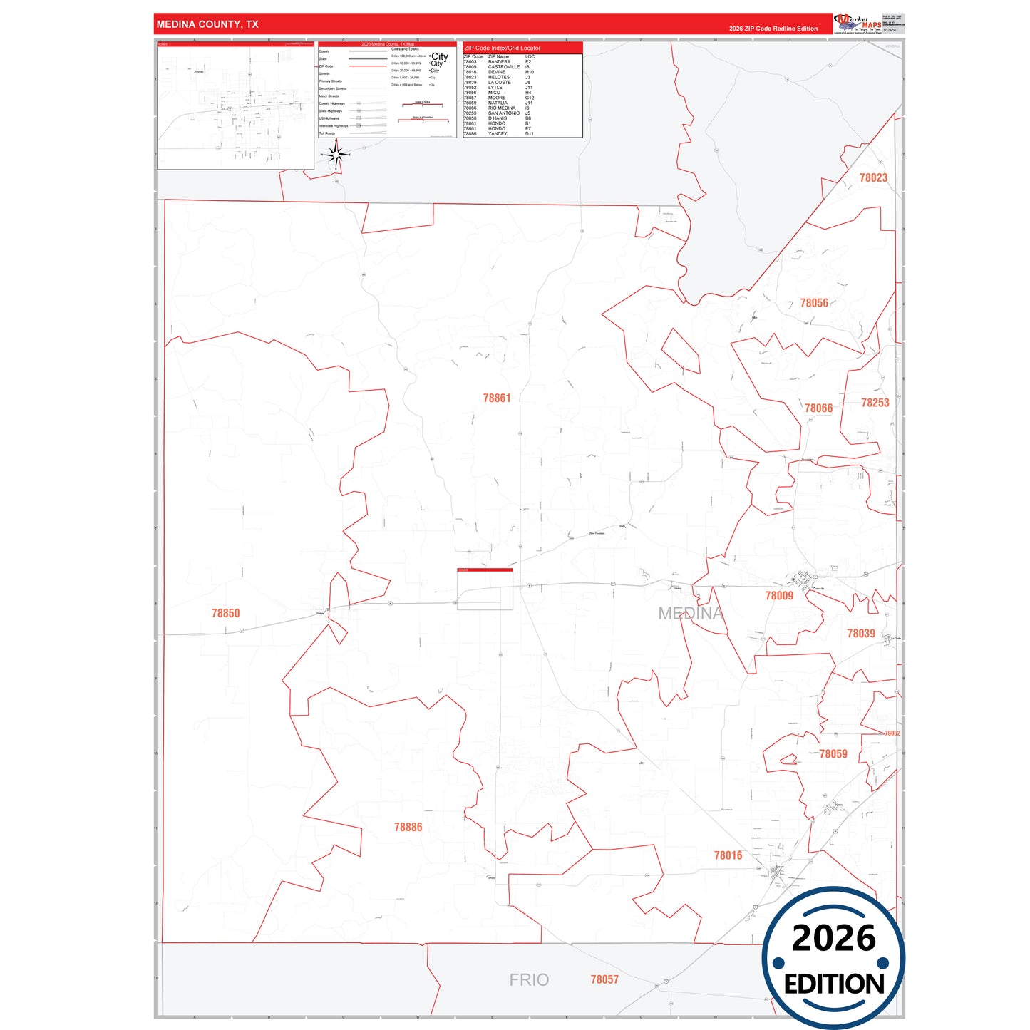 Medina County, TX Red Line 5 Digit ZIP Code Wall Map