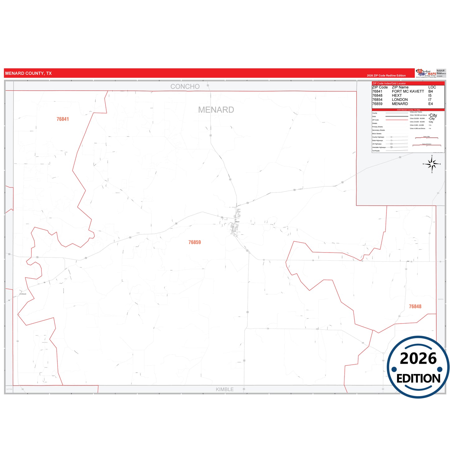 Menard County, TX Red Line 5 Digit ZIP Code Wall Map