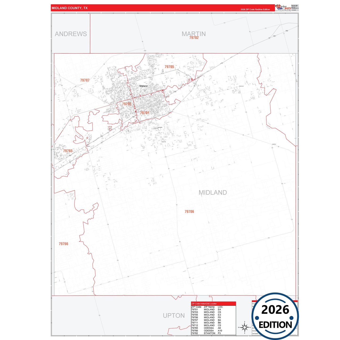 Midland County, TX Red Line 5 Digit ZIP Code Wall Map