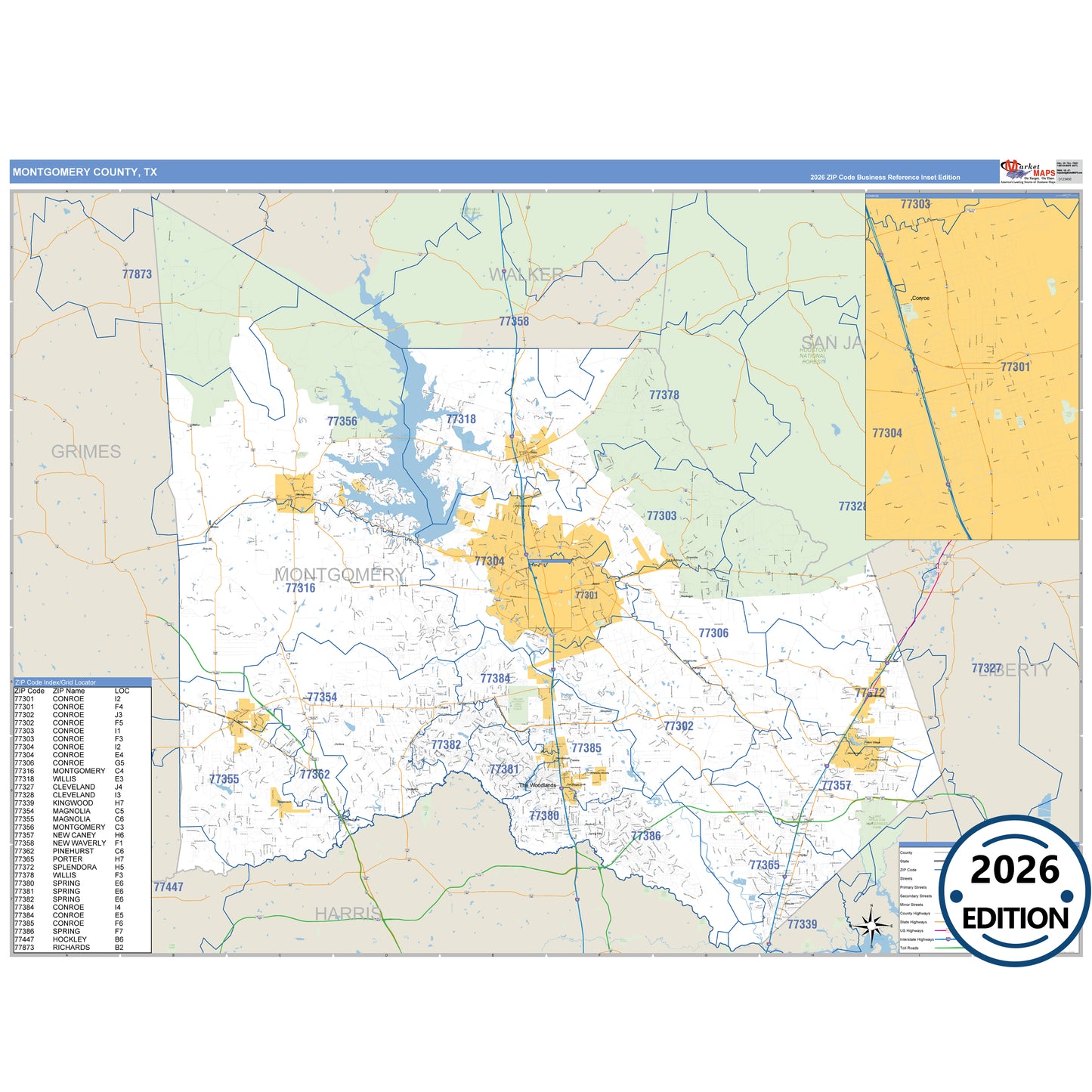 Montgomery County, TX Business Reference 5 Digit ZIP Code Wall Map