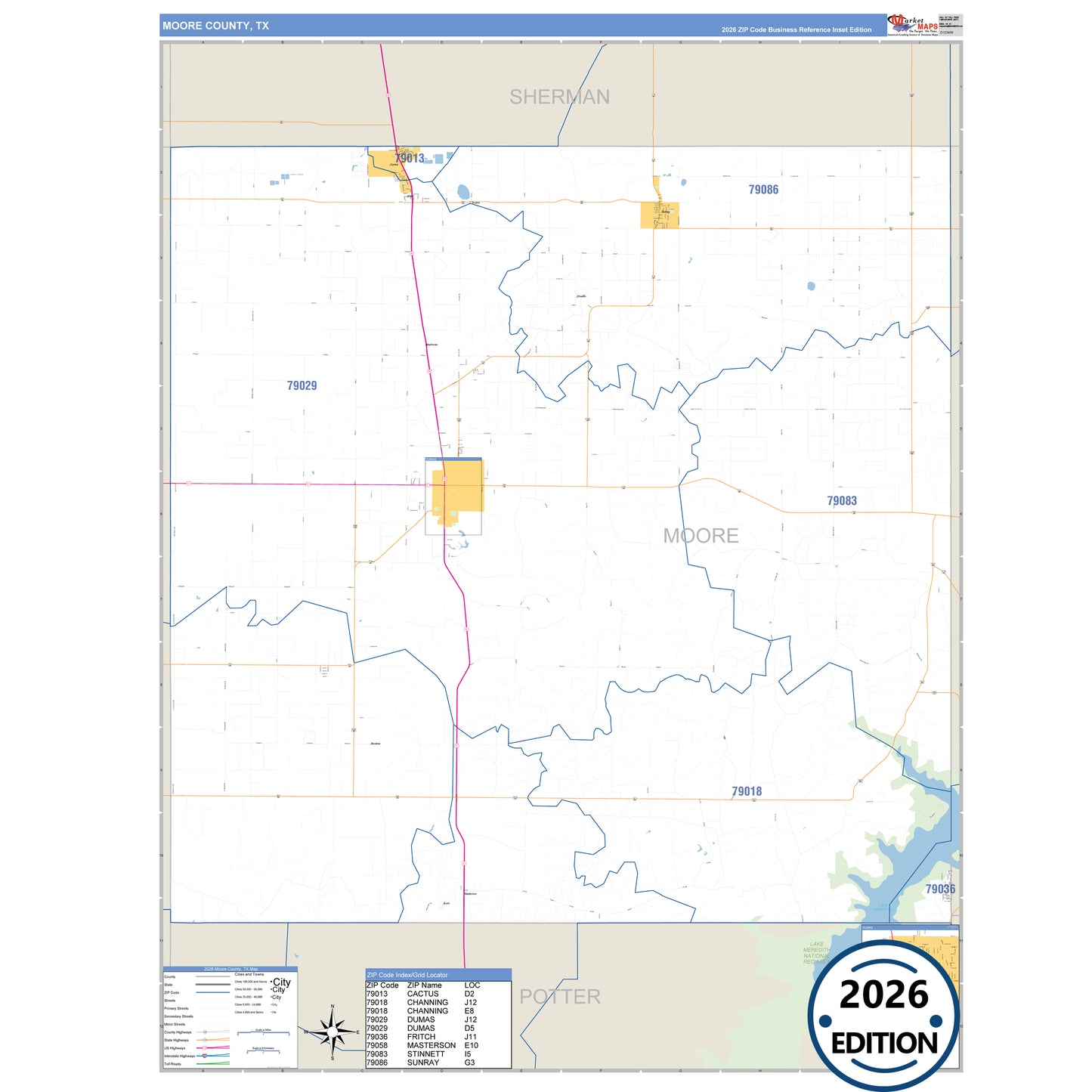 Moore County, TX Business Reference 5 Digit ZIP Code Wall Map