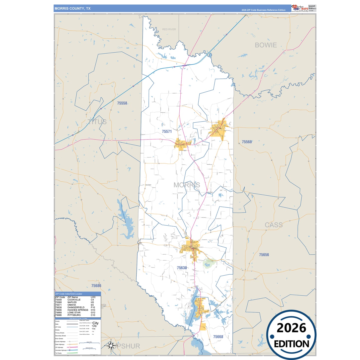 Morris County, TX Business Reference 5 Digit ZIP Code Wall Map