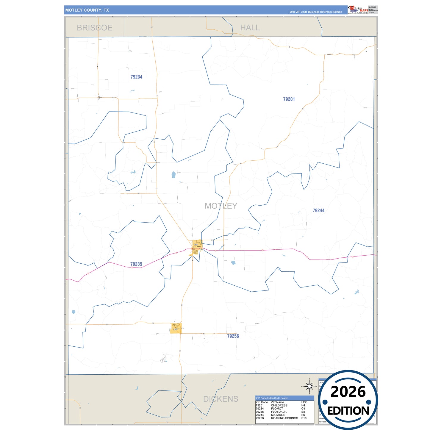 Motley County, TX Business Reference 5 Digit ZIP Code Wall Map