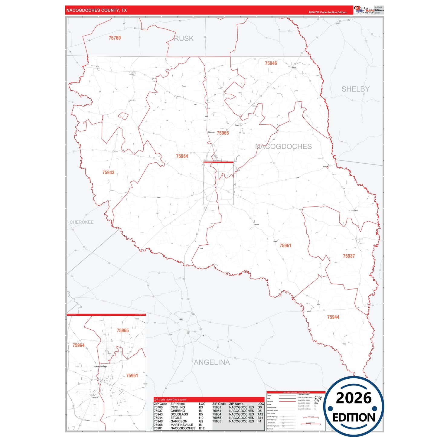 Nacogdoches County, TX Red Line 5 Digit ZIP Code Wall Map