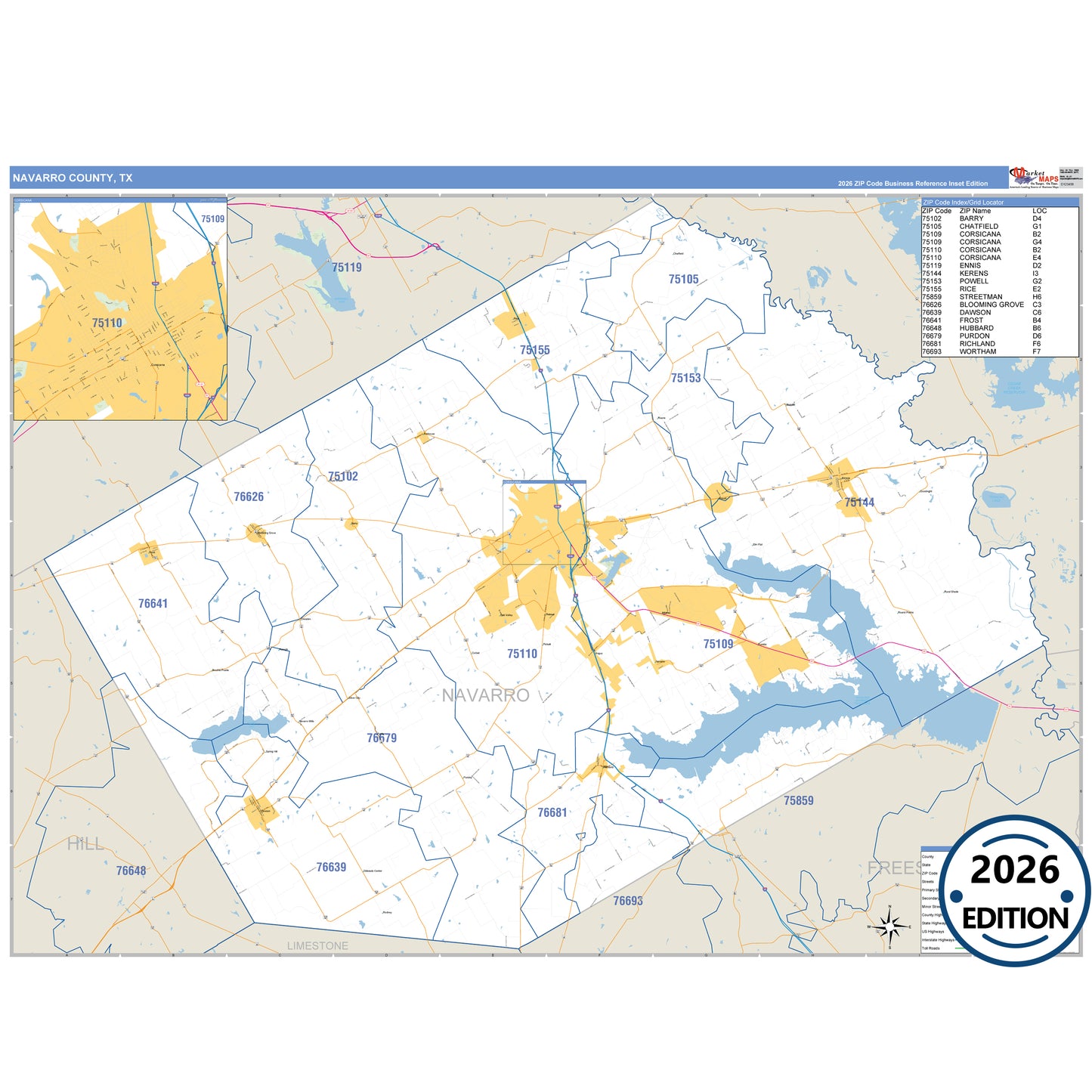 Navarro County, TX Business Reference 5 Digit ZIP Code Wall Map