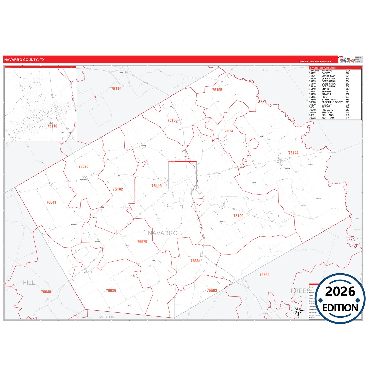 Navarro County, TX Red Line 5 Digit ZIP Code Wall Map