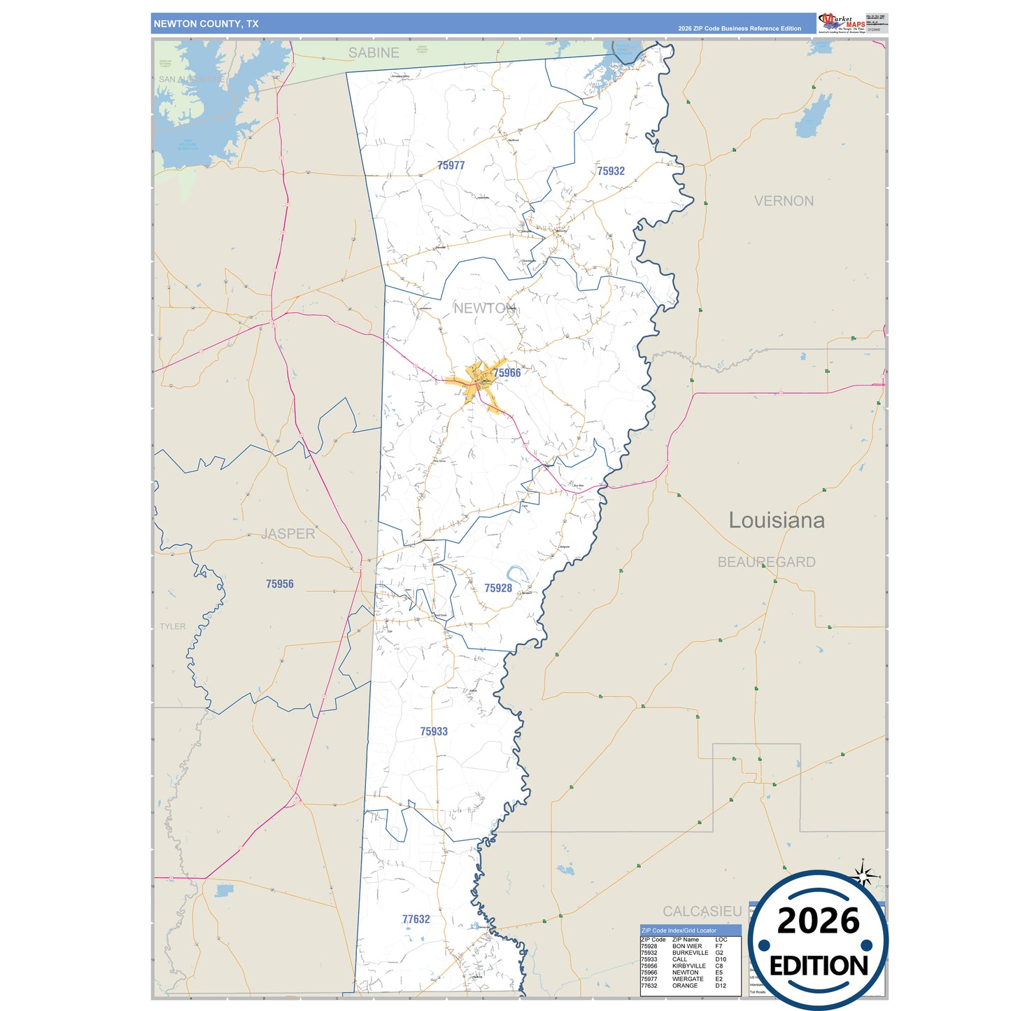 Newton County, TX Business Reference 5 Digit ZIP Code Wall Map