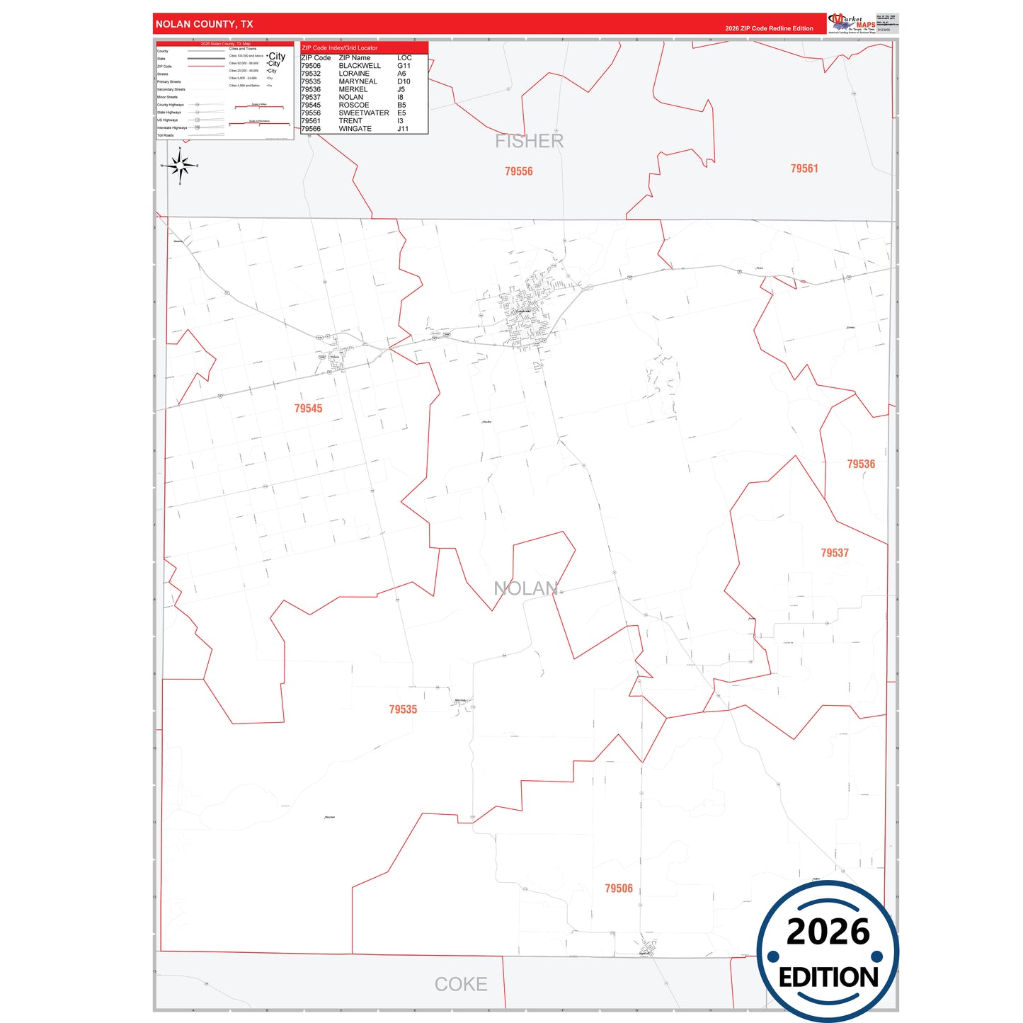 Nolan County, TX Red Line 5 Digit ZIP Code Wall Map