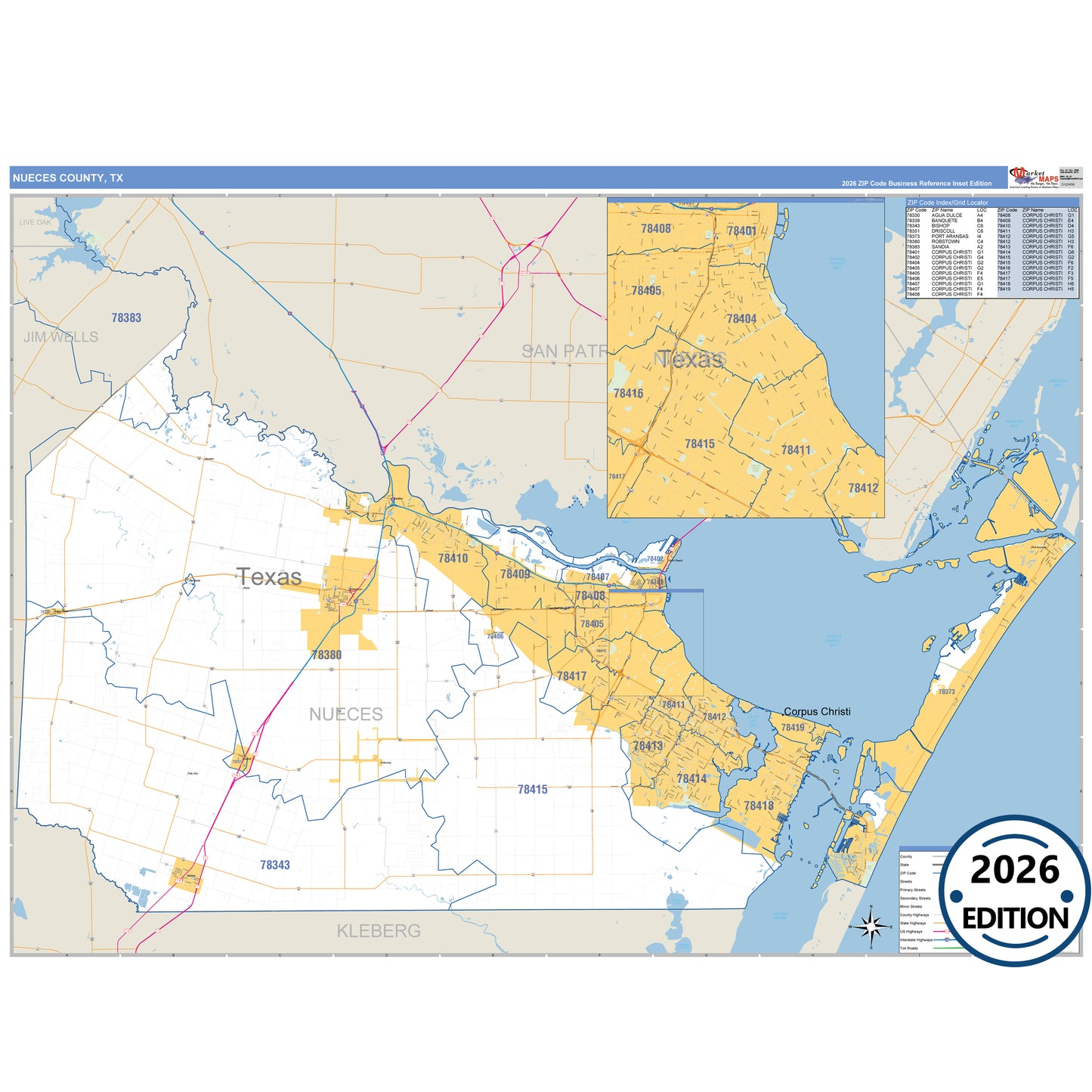 Nueces County, TX Business Reference 5 Digit ZIP Code Wall Map