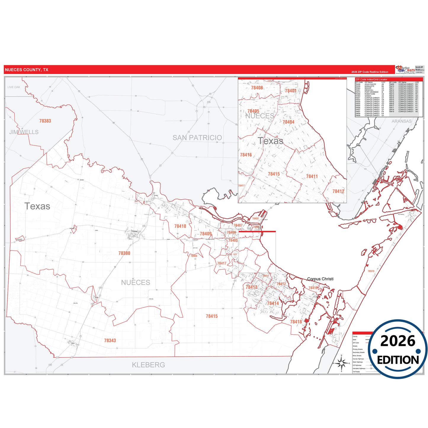 Nueces County, TX Red Line 5 Digit ZIP Code Wall Map