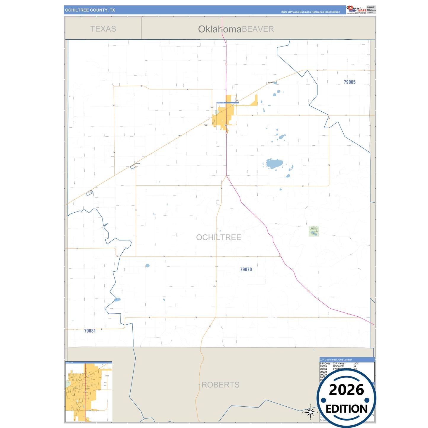 Ochiltree County, TX Business Reference 5 Digit ZIP Code Wall Map