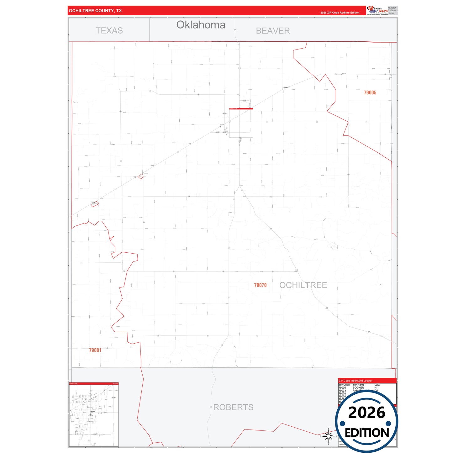 Ochiltree County, TX Red Line 5 Digit ZIP Code Wall Map