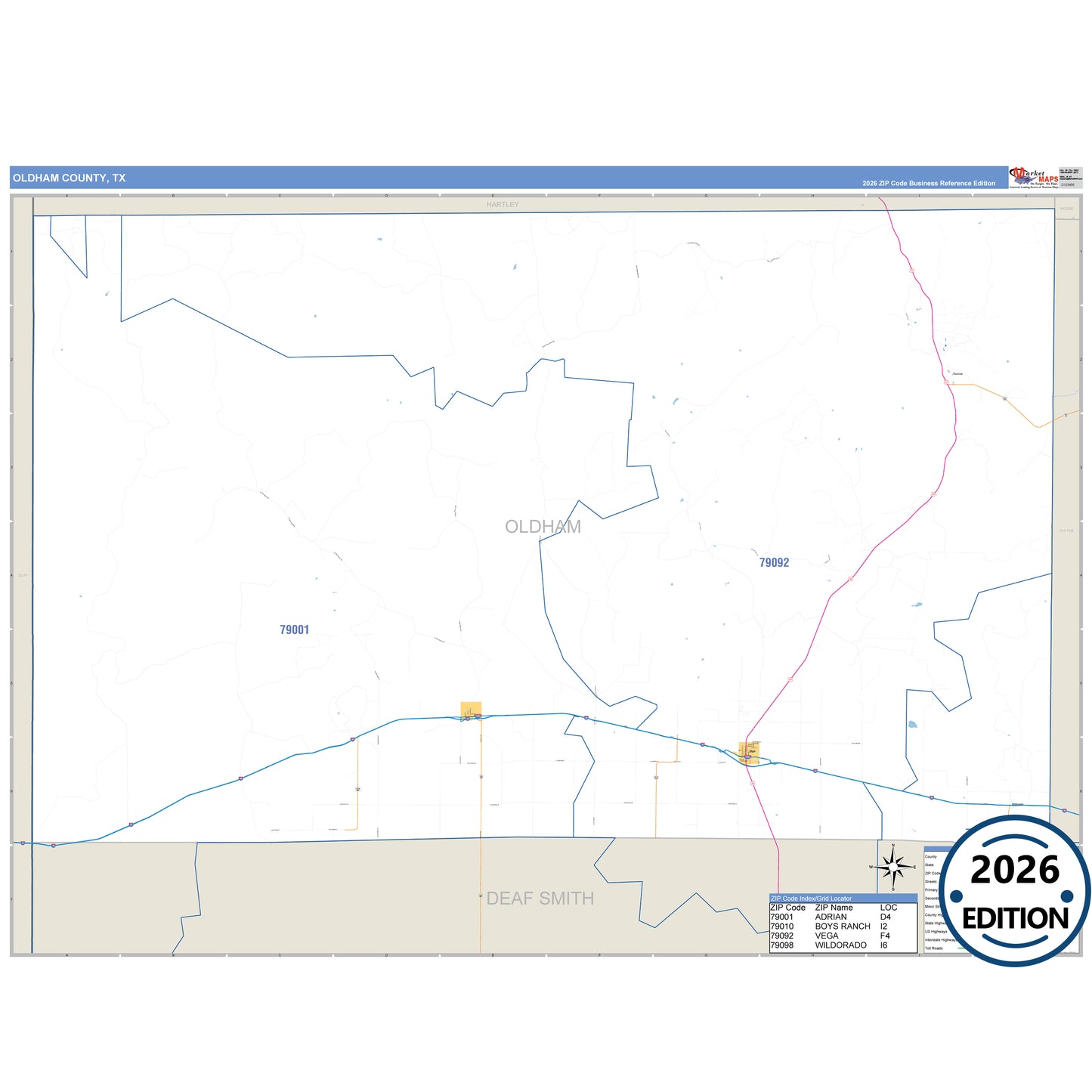 Oldham County, TX Business Reference 5 Digit ZIP Code Wall Map