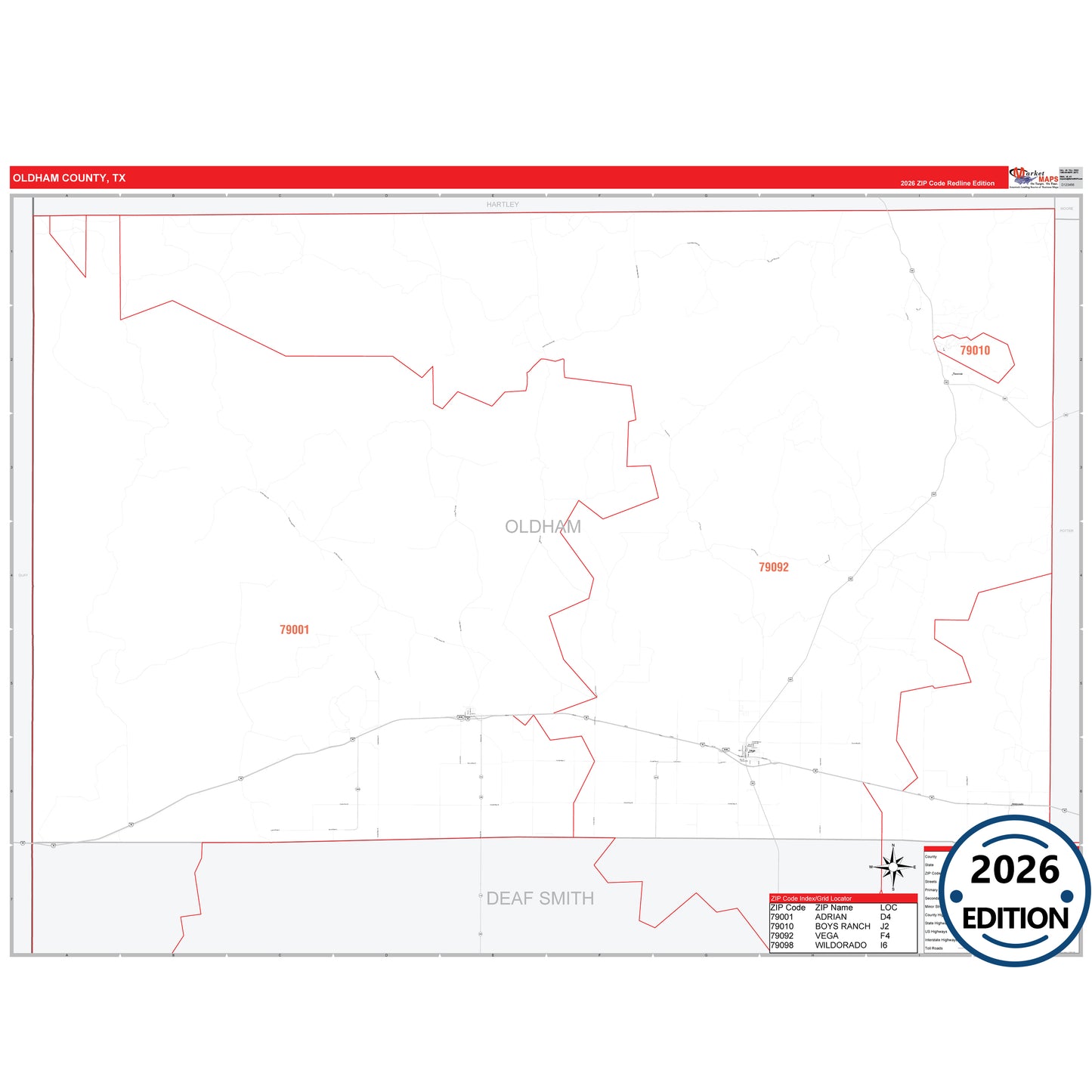Oldham County, TX Red Line 5 Digit ZIP Code Wall Map