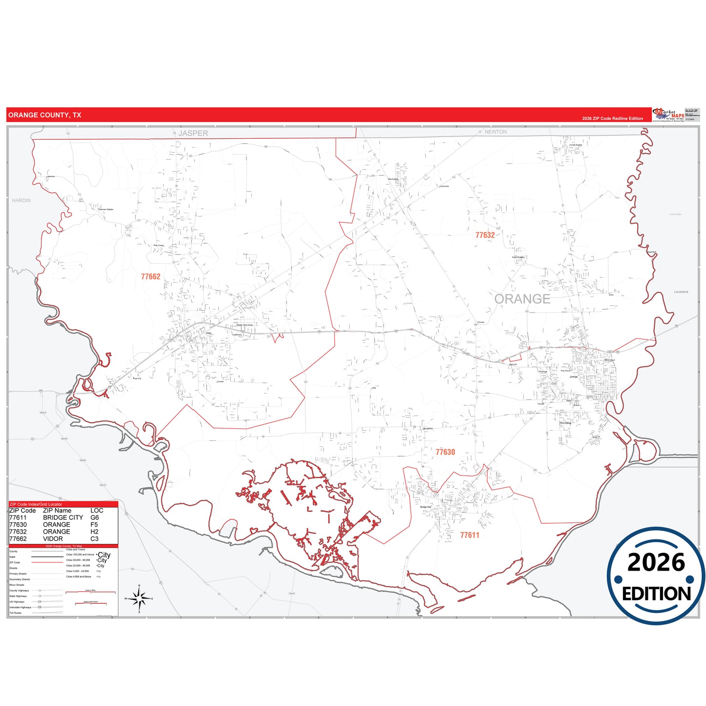 Orange County, TX Red Line 5 Digit ZIP Code Wall Map