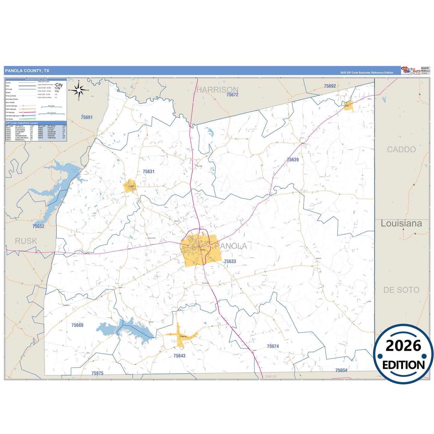 Panola County, TX Business Reference 5 Digit ZIP Code Wall Map